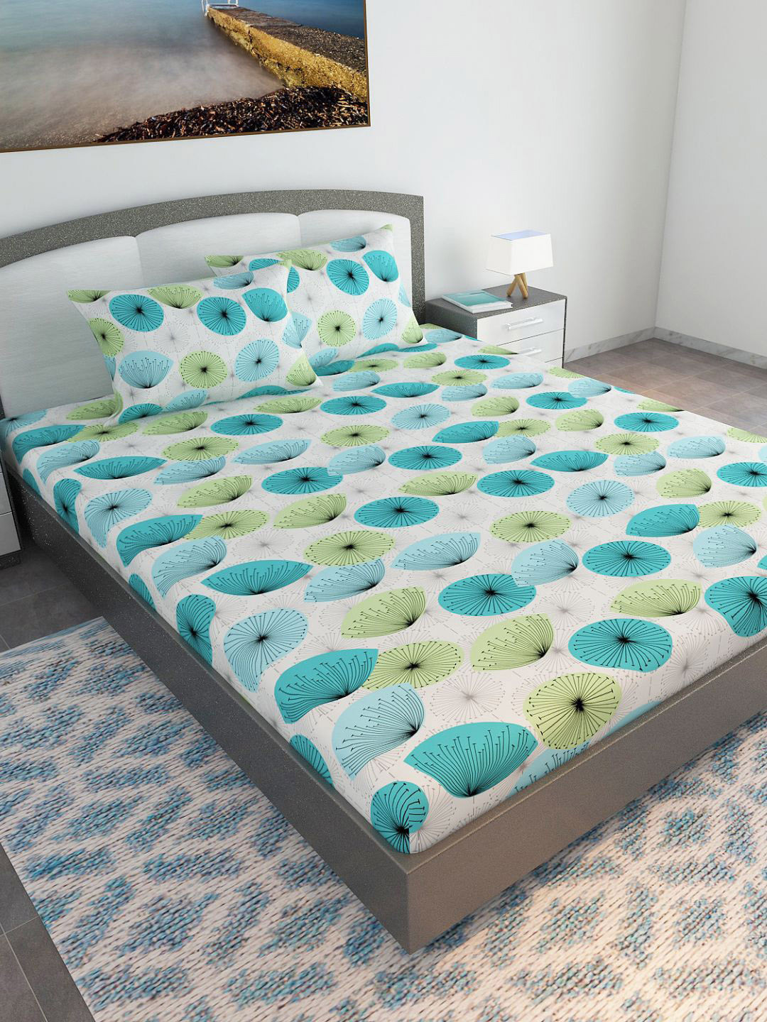 Divine Casa Prism Turquoise Blue Graphic Pure Cotton 120 TC Double Bedsheet with 2 Pillow Covers-106 x 106 inches