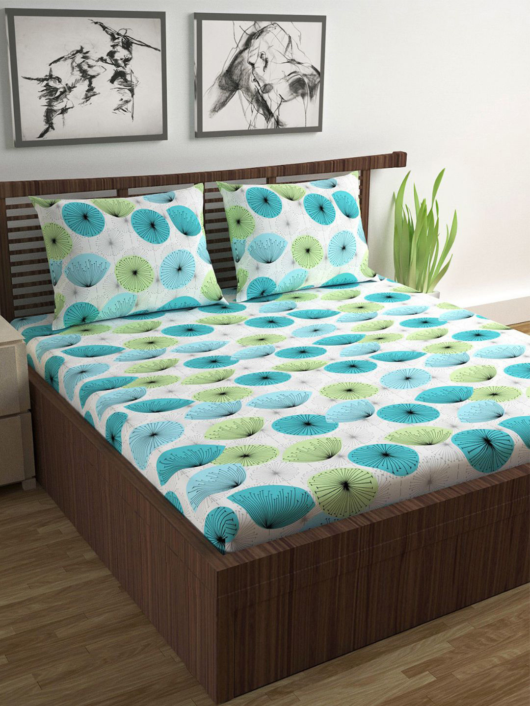 Divine Casa Prism Turquoise Blue Floral Pure Cotton Durable 120 TC Queen Superfine Bedsheet with 2 Pillow Covers-87 x 100 inches