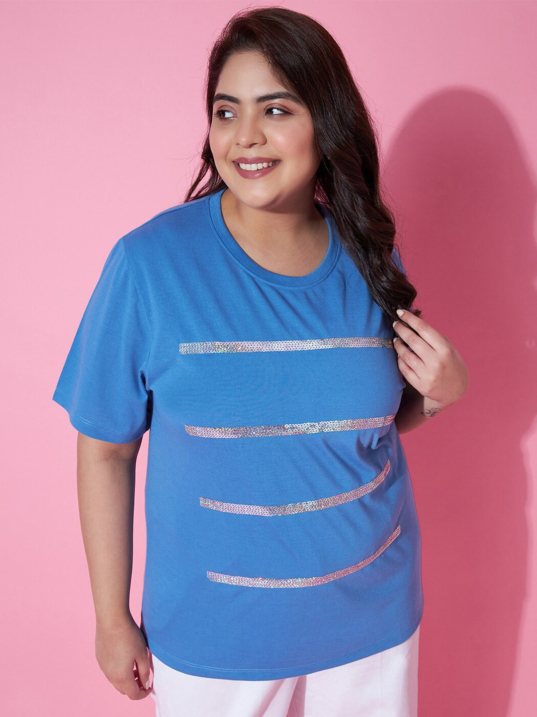 AUSTIVO Plus Size Casual Sequined Top