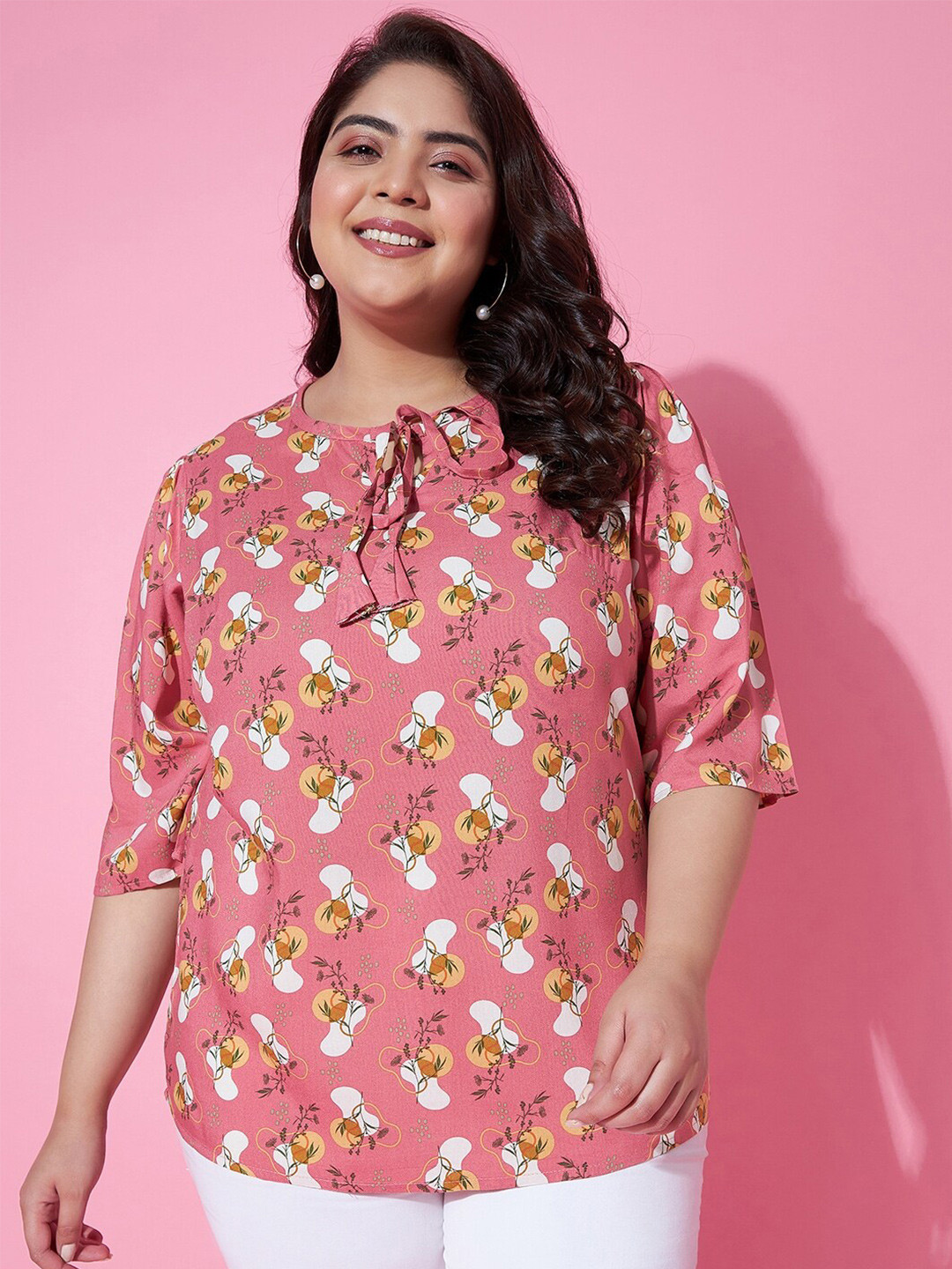 AUSTIVO Floral Printed Puff Sleeves Tie-Up Neck Regular Top