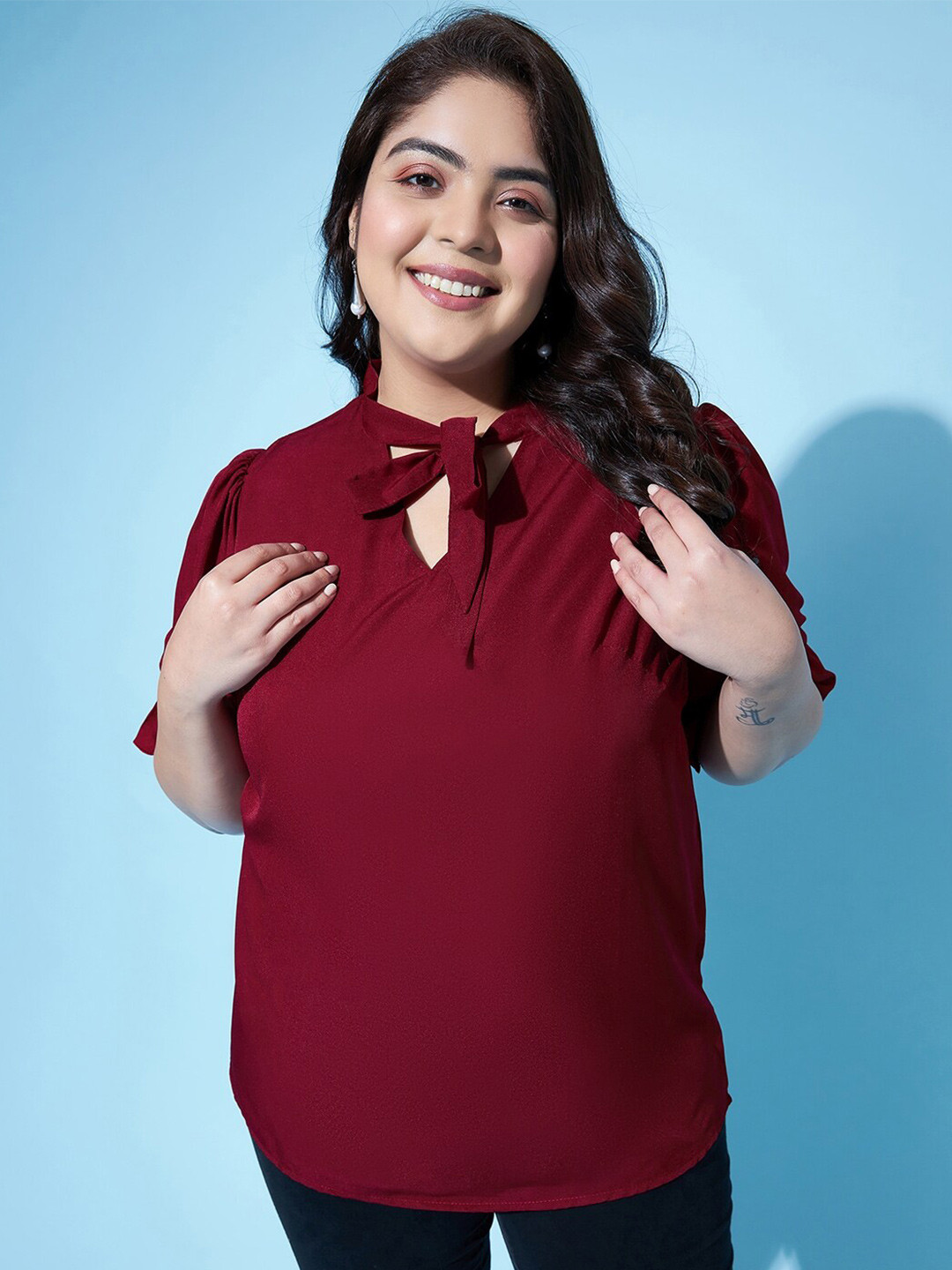 AUSTIVO Tie-Up Neck Puff Sleeves Top