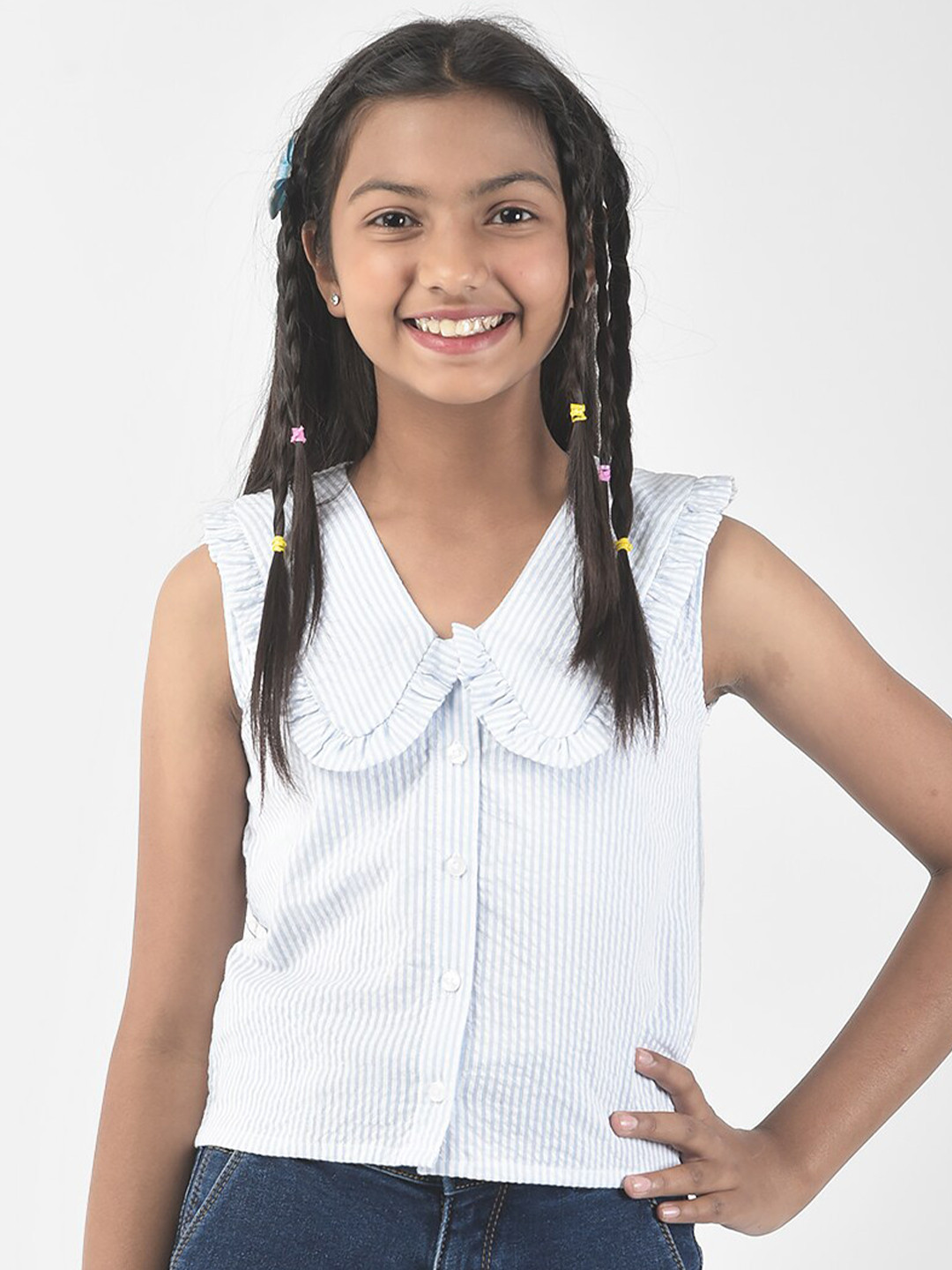 Crimsoune Club Girls Striped Sleeveless Above The Keyboard Collar Casual Pure Cotton Top