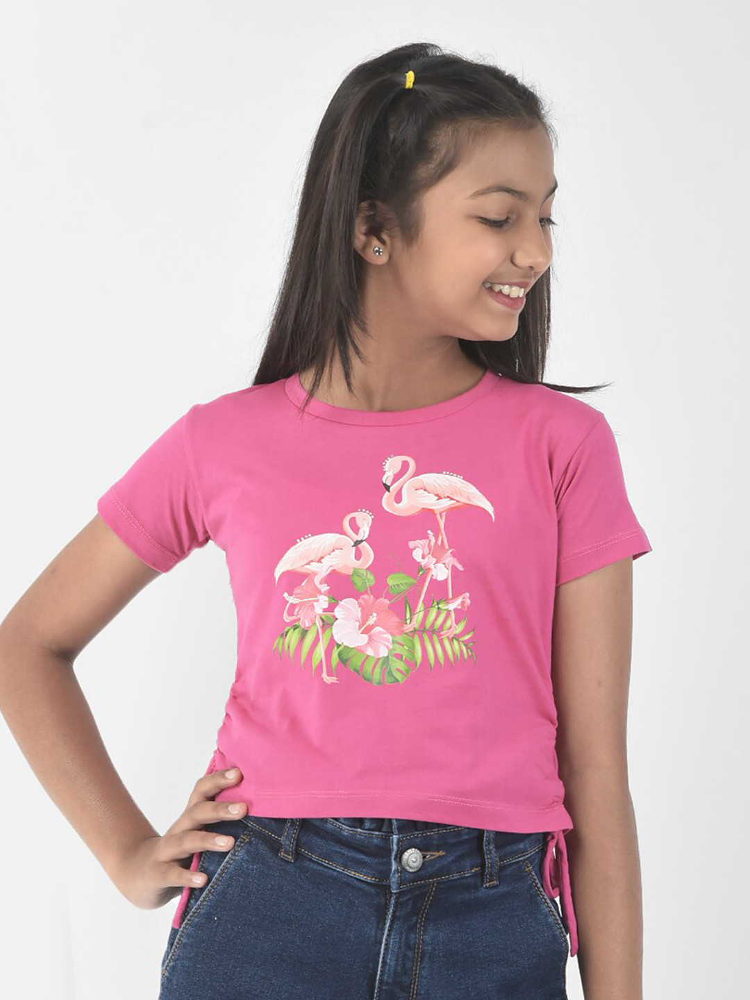 Crimsoune Club Girls Ruched Floral Printed Pure Cotton Crop Top