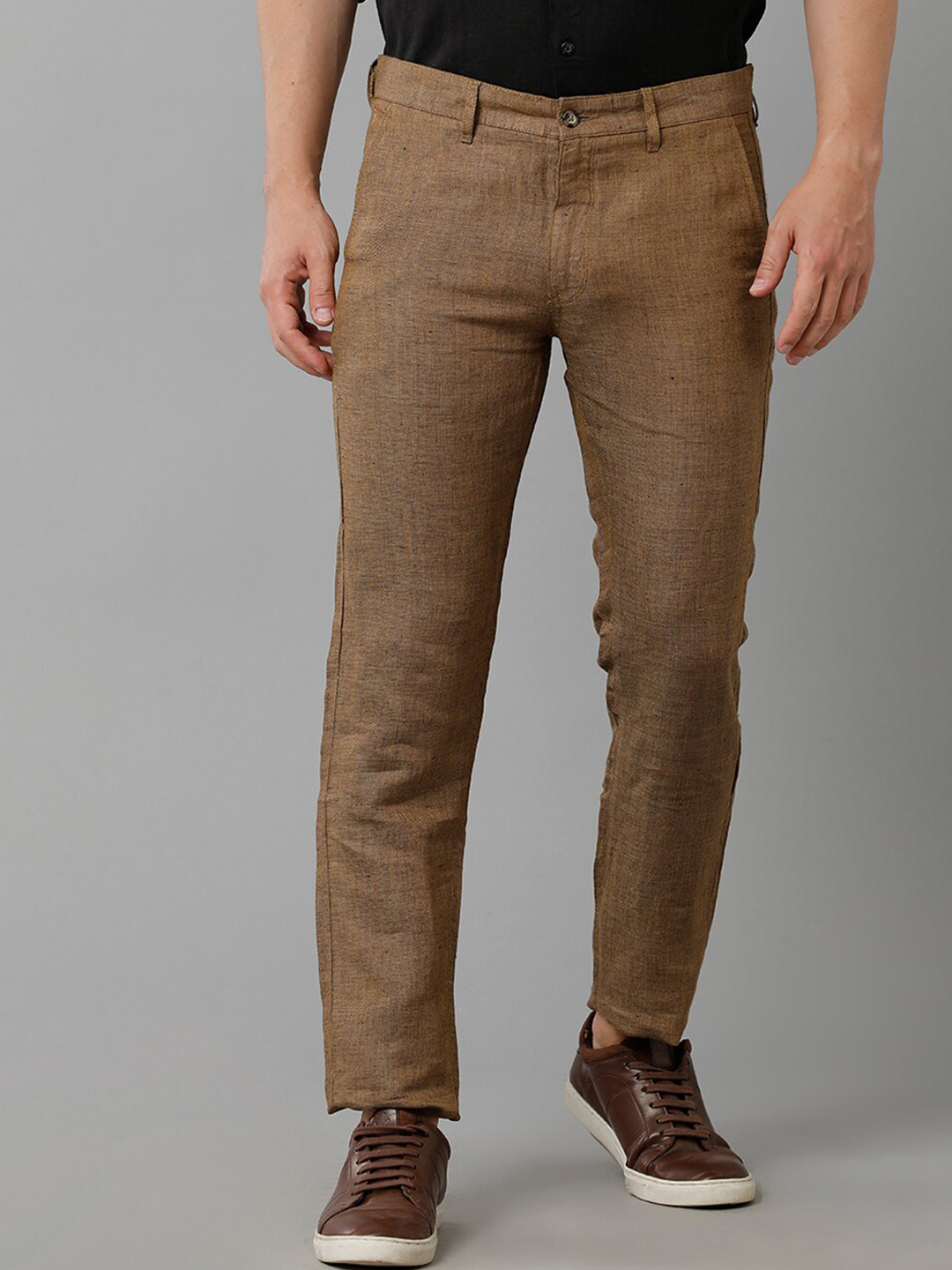 Linen Club Men Mid-Rise Slim Fit Pure Linen Trousers