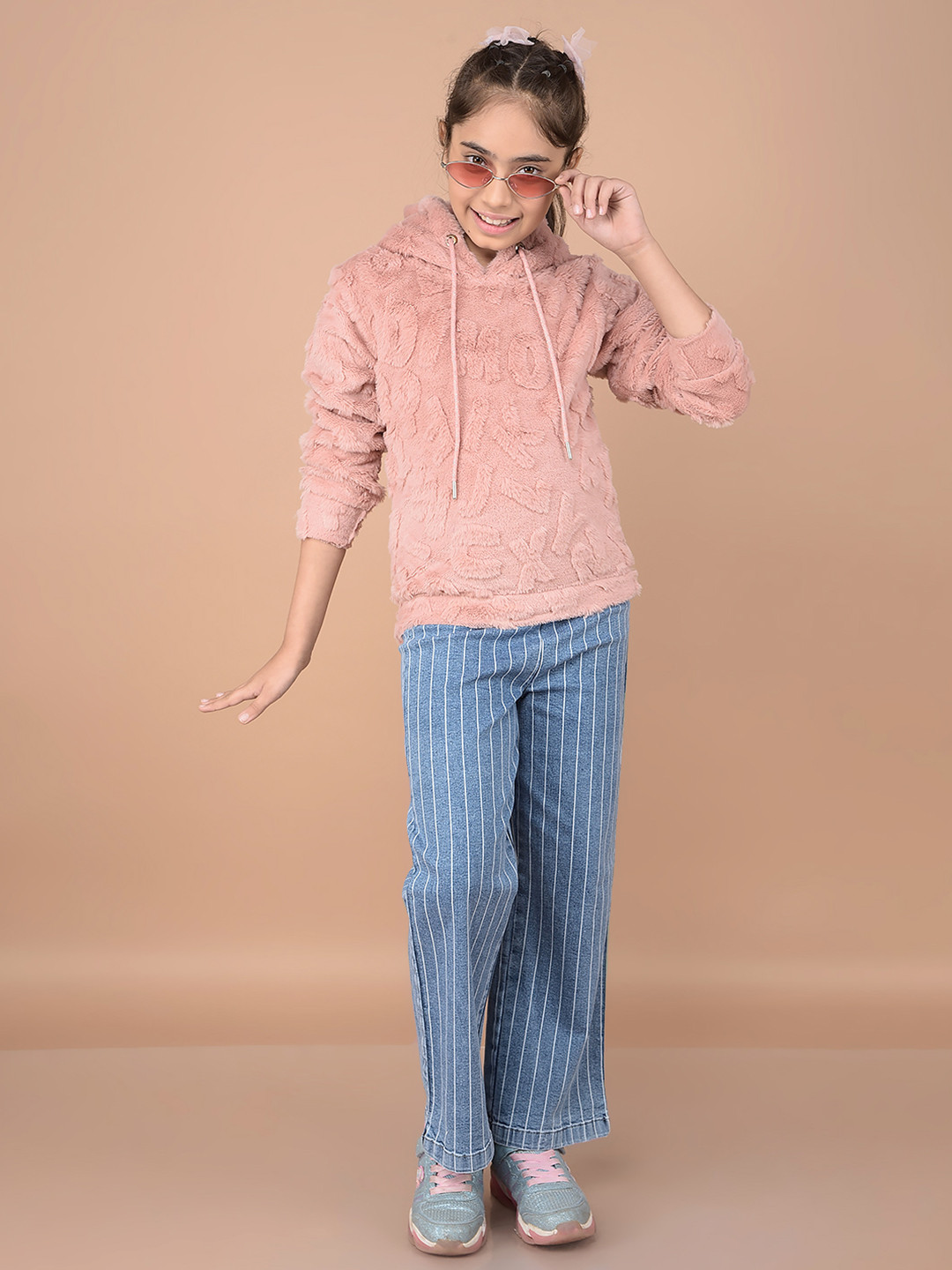 Crimsoune Club Girls Navy Blue Striped Mid-Rise Stretchable Wide Leg  Jeans