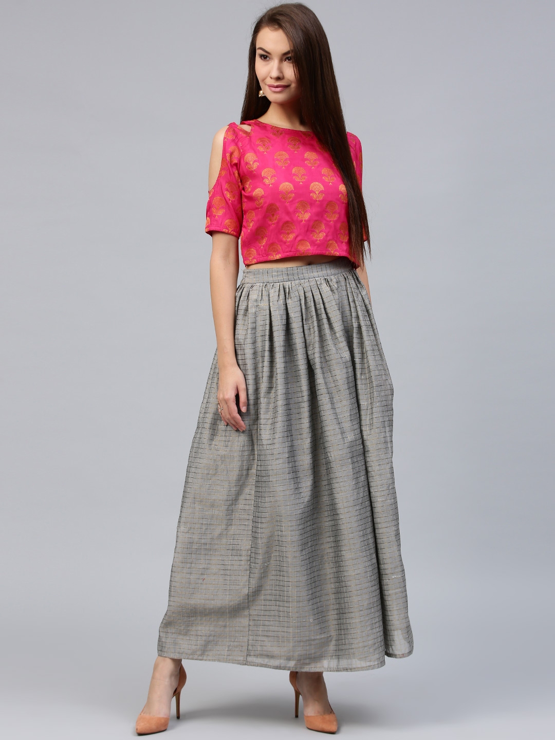 Buy Jaipur Kurti Women Pink & Grey Self Design Top With Skirt - Co ...