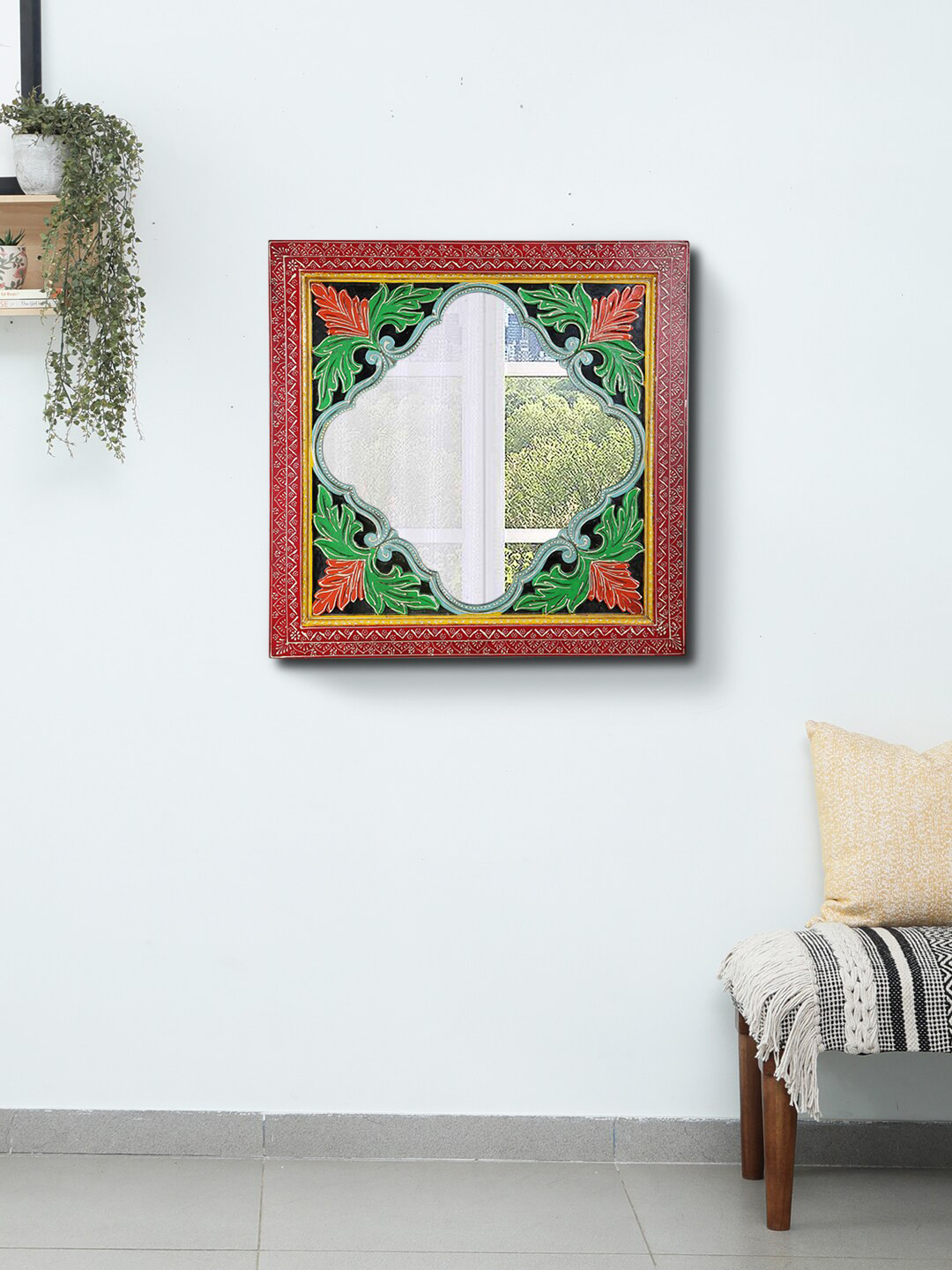 Aapno Rajasthan Red & Green Printed Wall Mirror With Wooden Frame
