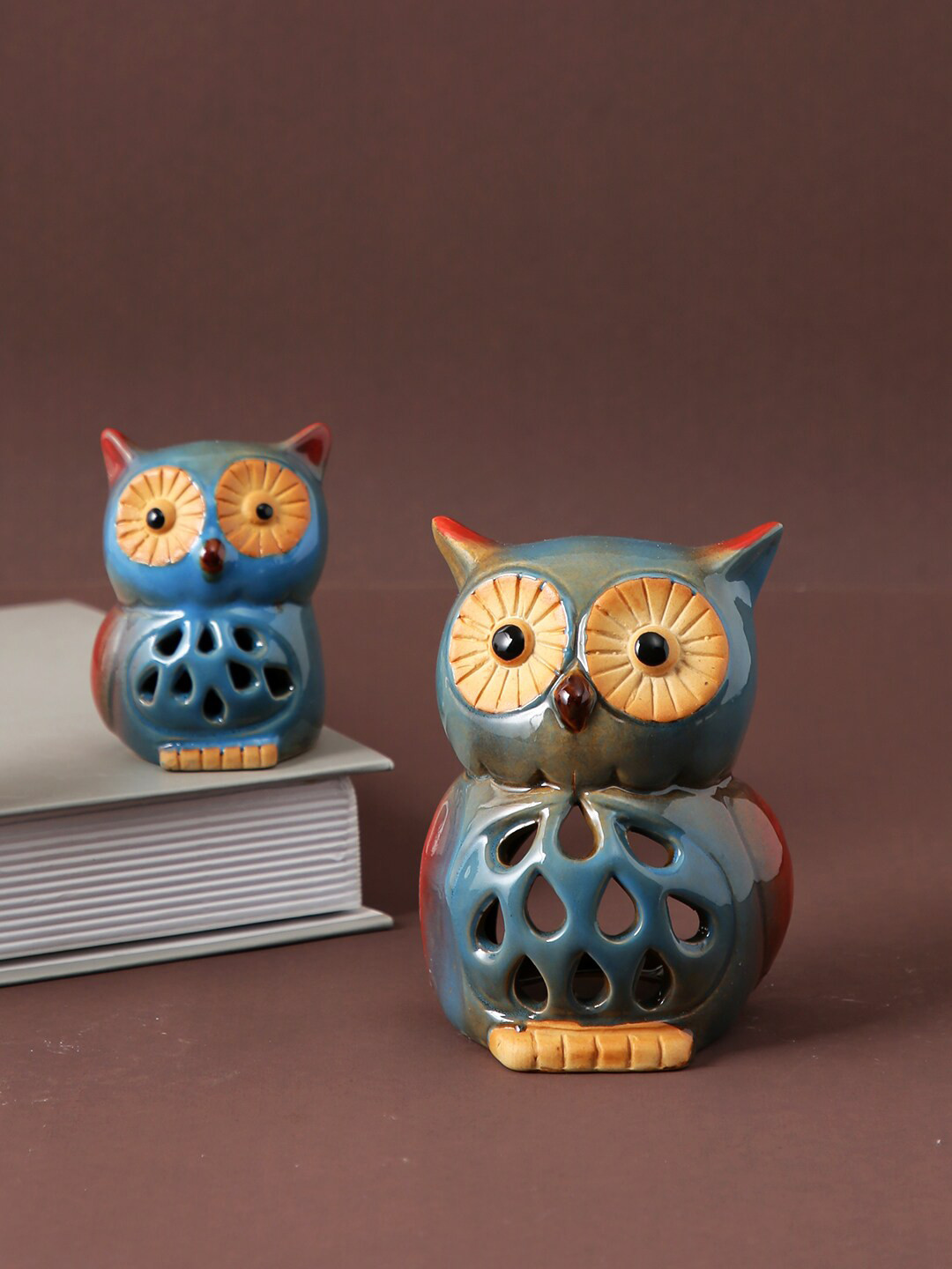 TAYHAA 2 Pcs Blue & Beige Owl Tealight Candle Holders