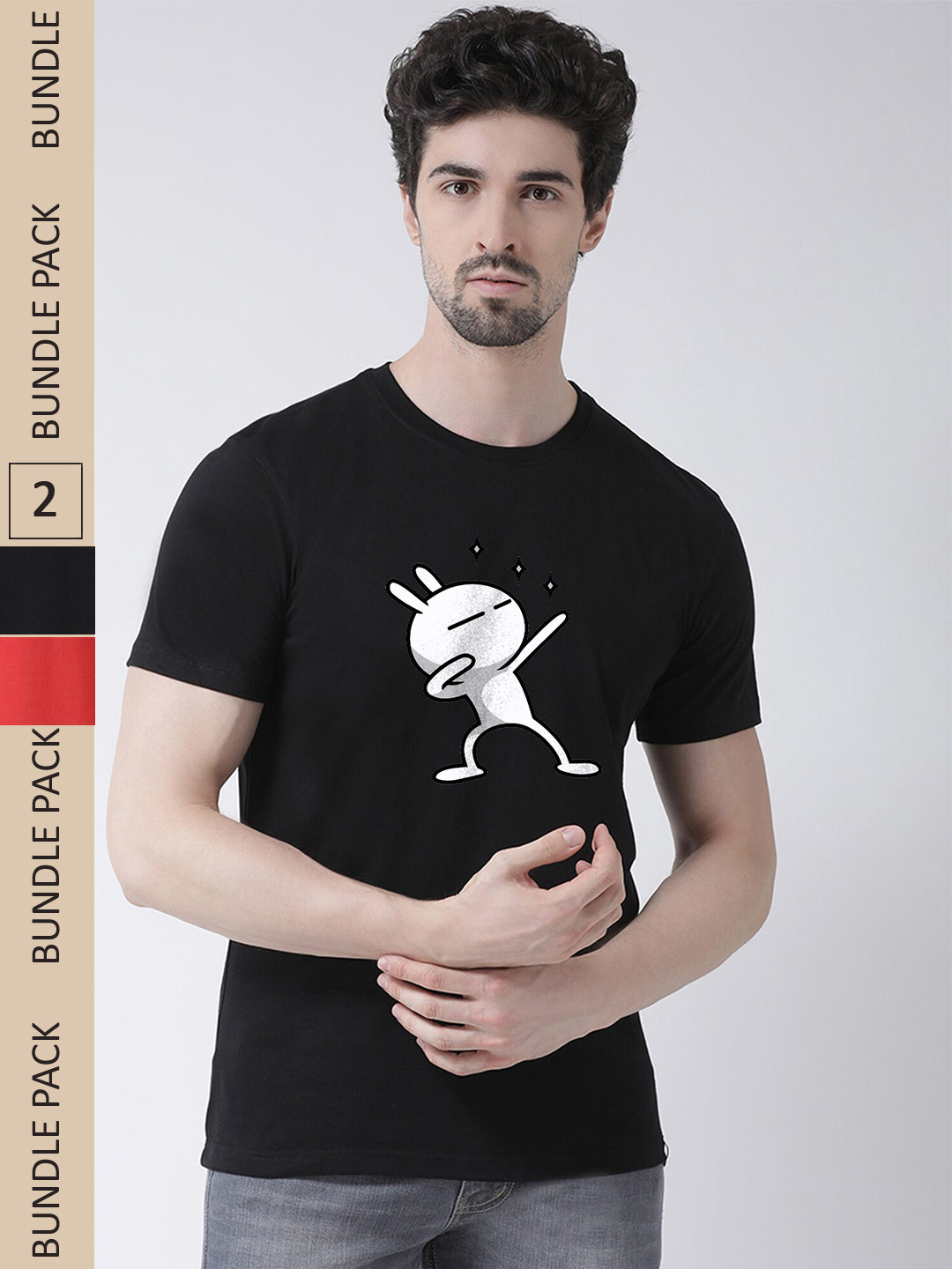 Friskers Pack Of 2 Printed Round Neck Short Sleeves Slim Fit Cotton T-shirt