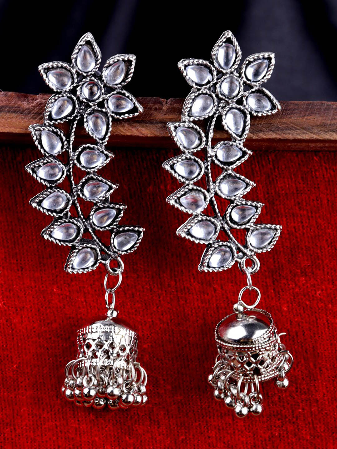 Krelin Floral & Dome Shaped Artificial Stones & Beads Oxidised Jhumkas