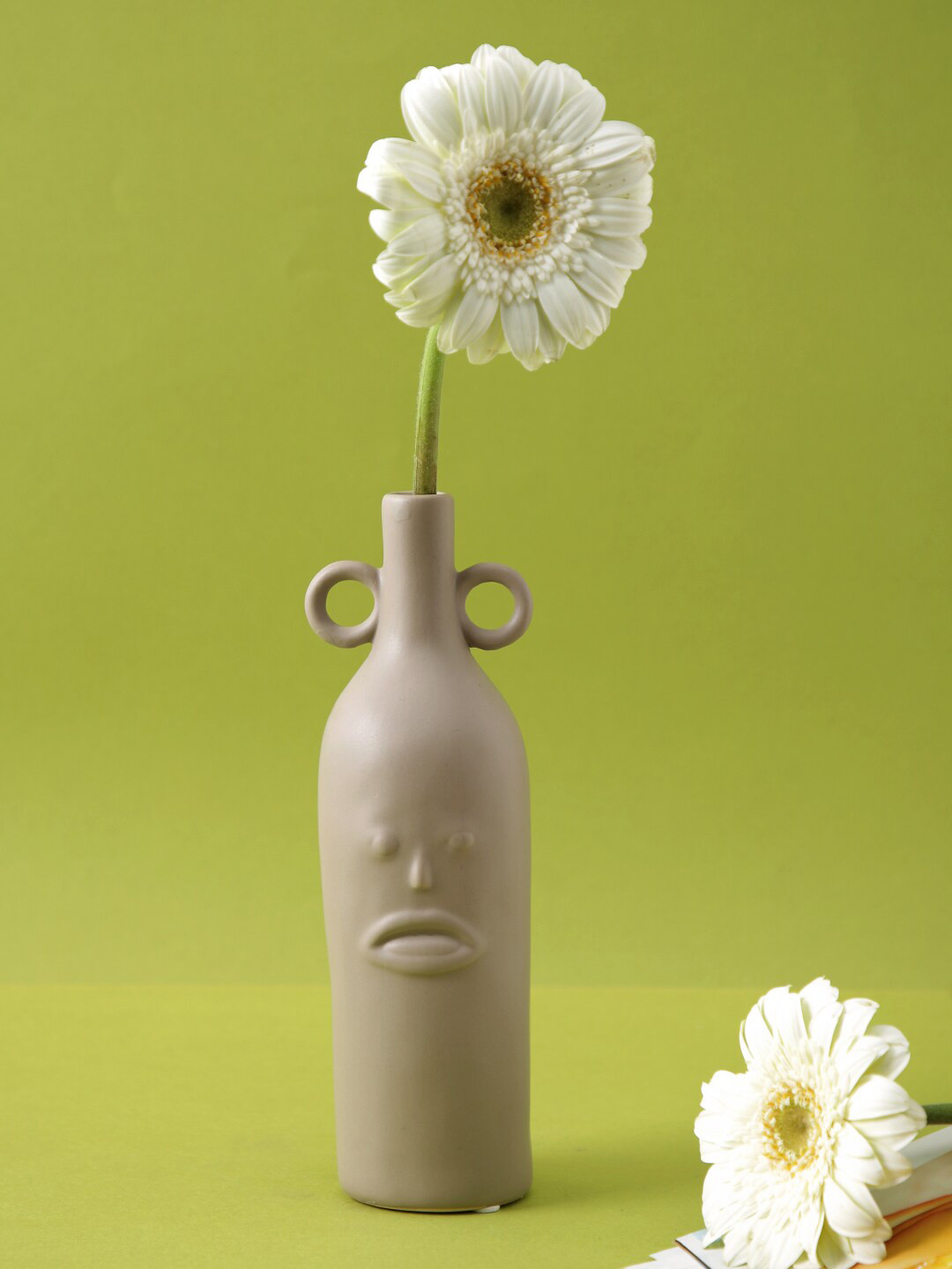 TAYHAA Beige Textured Ceramic Face Bottle Shape Vase