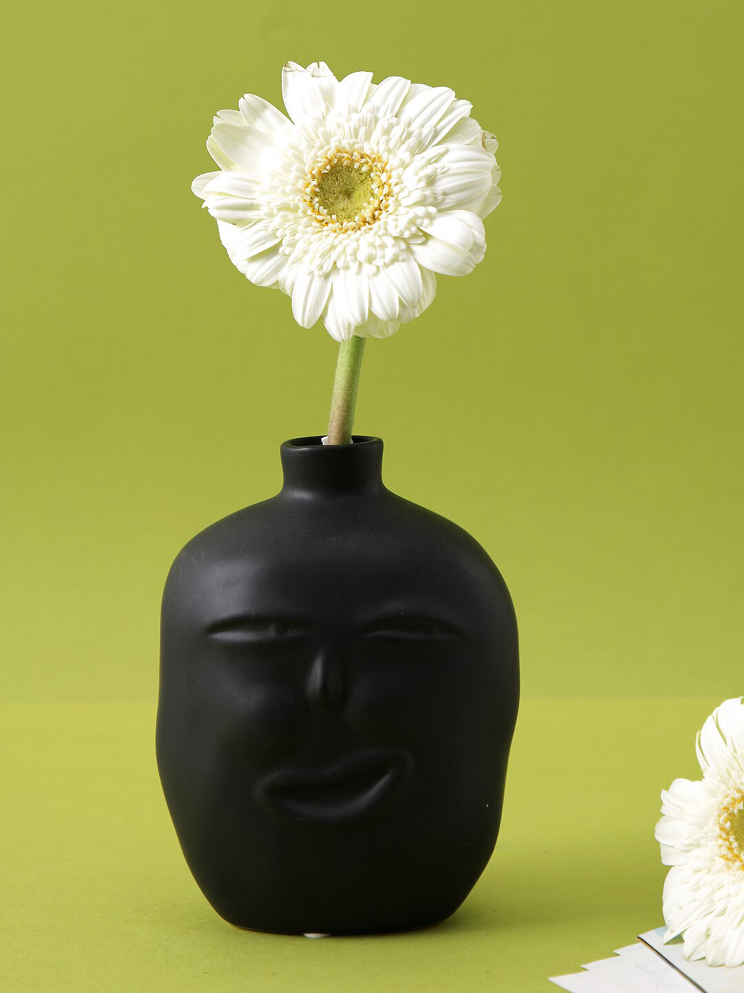 TAYHAA Black Textured Face Shape Ceramic Flower Vase With Narrow Neck