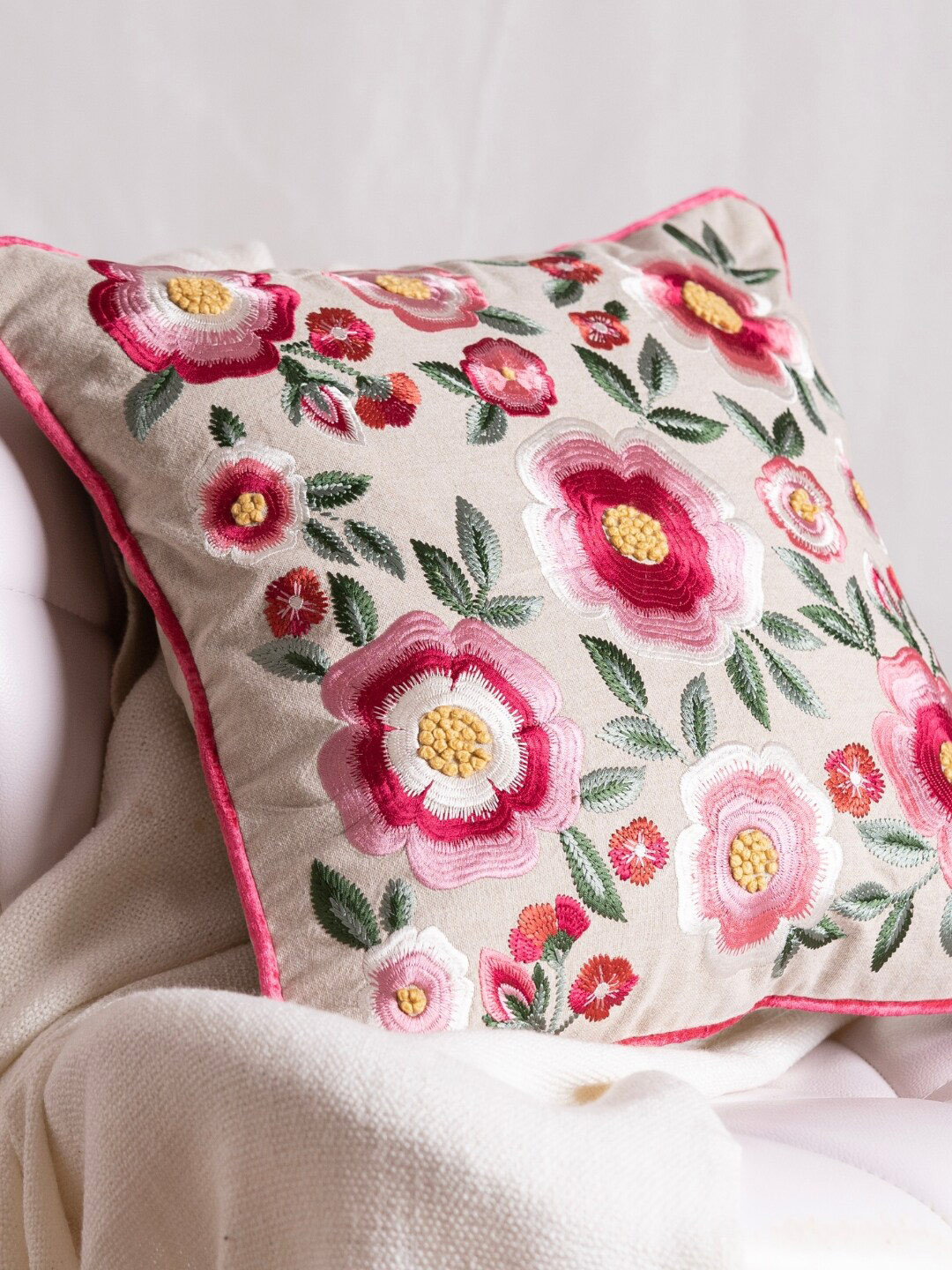 haus & kinder Pink & Green Floral Embroidered Cotton Square Cushion Cover