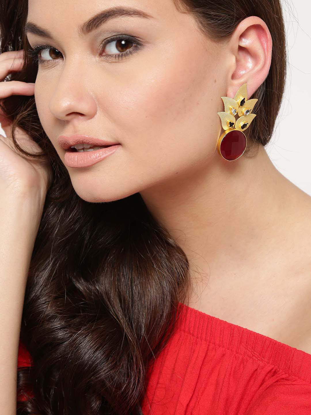 PANASH Red Gold-Plated Stone-Studded Hand-Painted Drop Earrings
