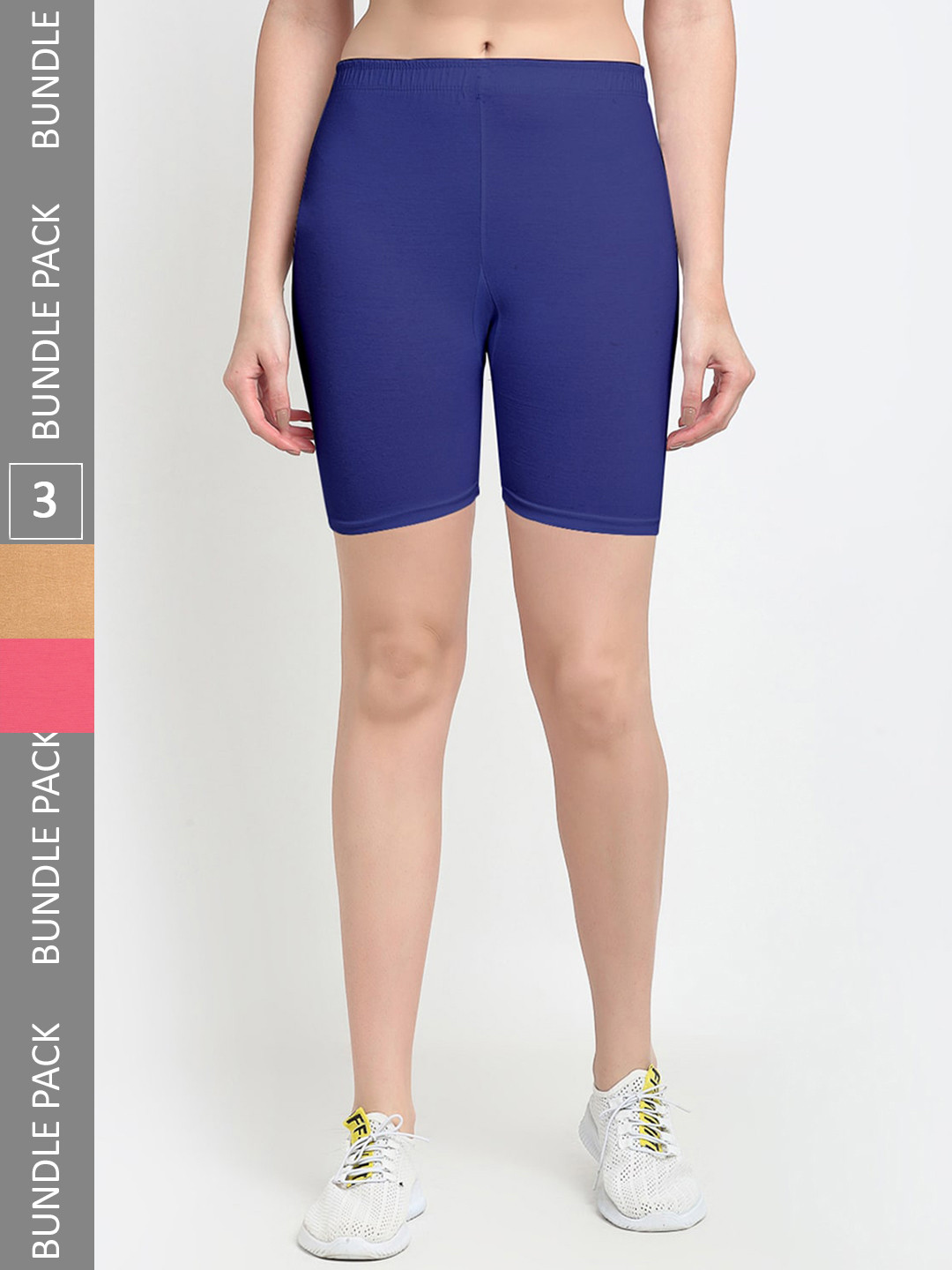 Jinfo Women Pack Of 3 Mid Rise Knitted Cycling Cotton Sports Shorts