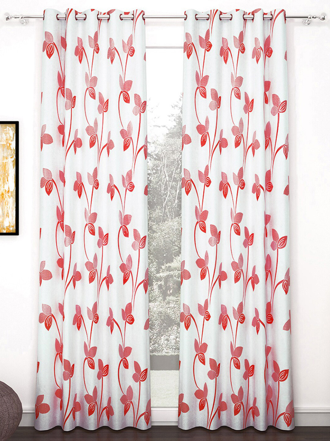 Story@home 2 Pieces White & Red Floral Door Curtains