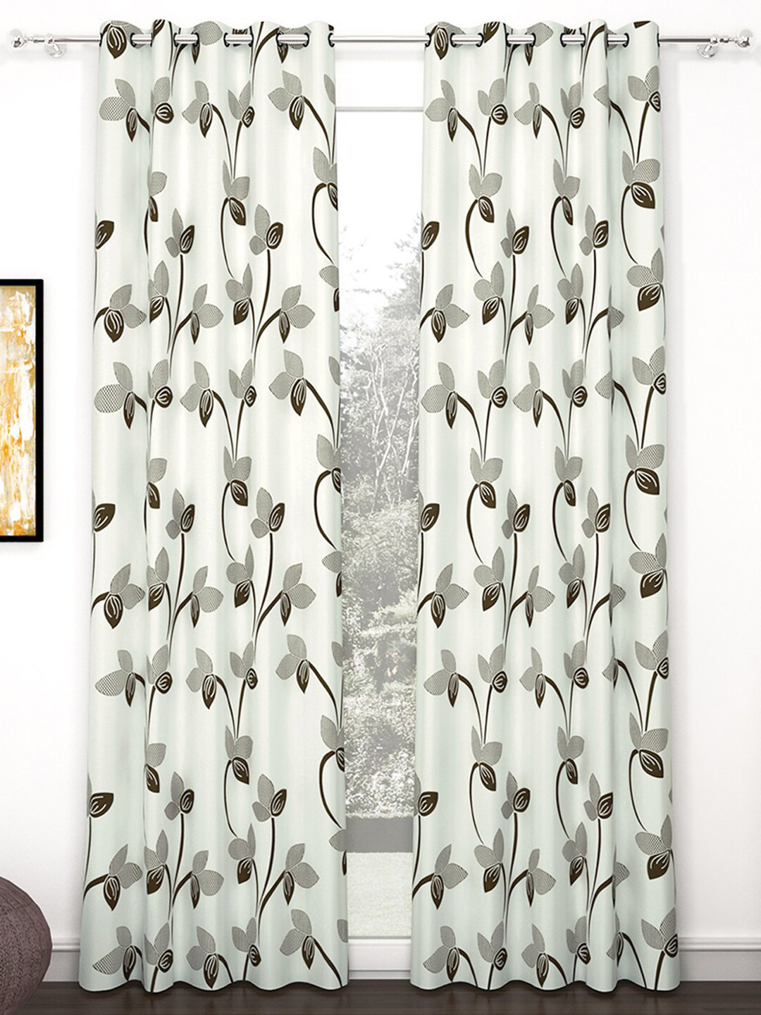 Story@home 2 Pieces Off White & Grey Floral Door Curtain