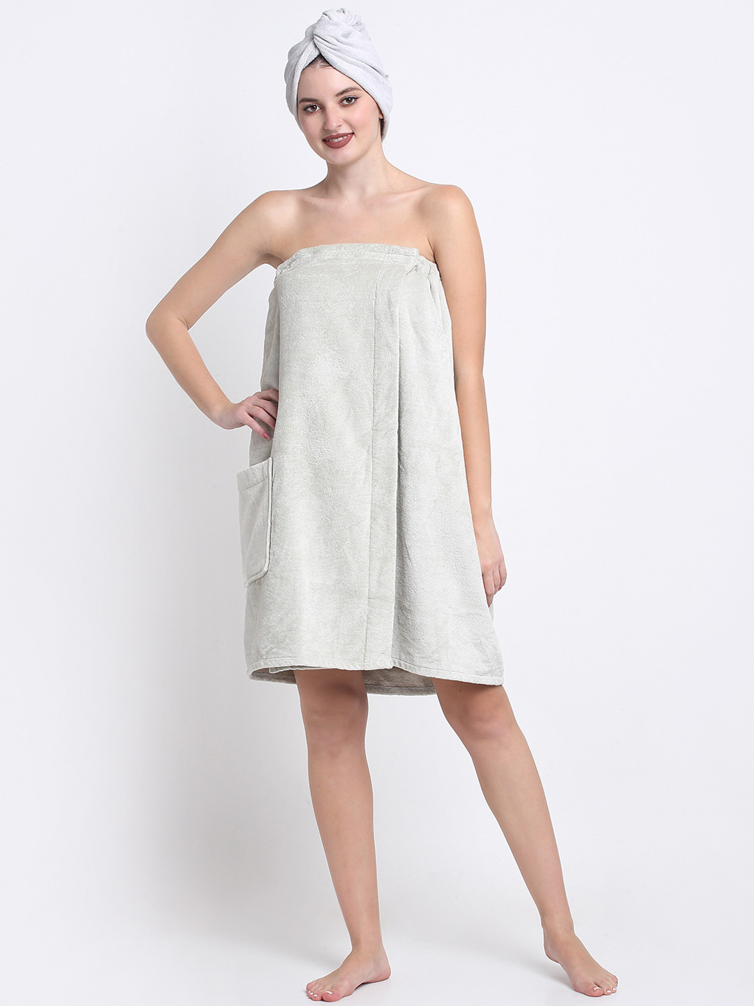 Creeva Luxury Silver-Coloured 2 Pcs 380 GSM Pure Cotton Bath Wrap Towel & Hair Wrap Towel