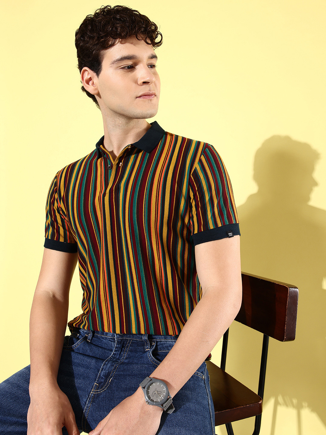 CS LIFE Pure Cotton Striped Polo Collar T-shirt