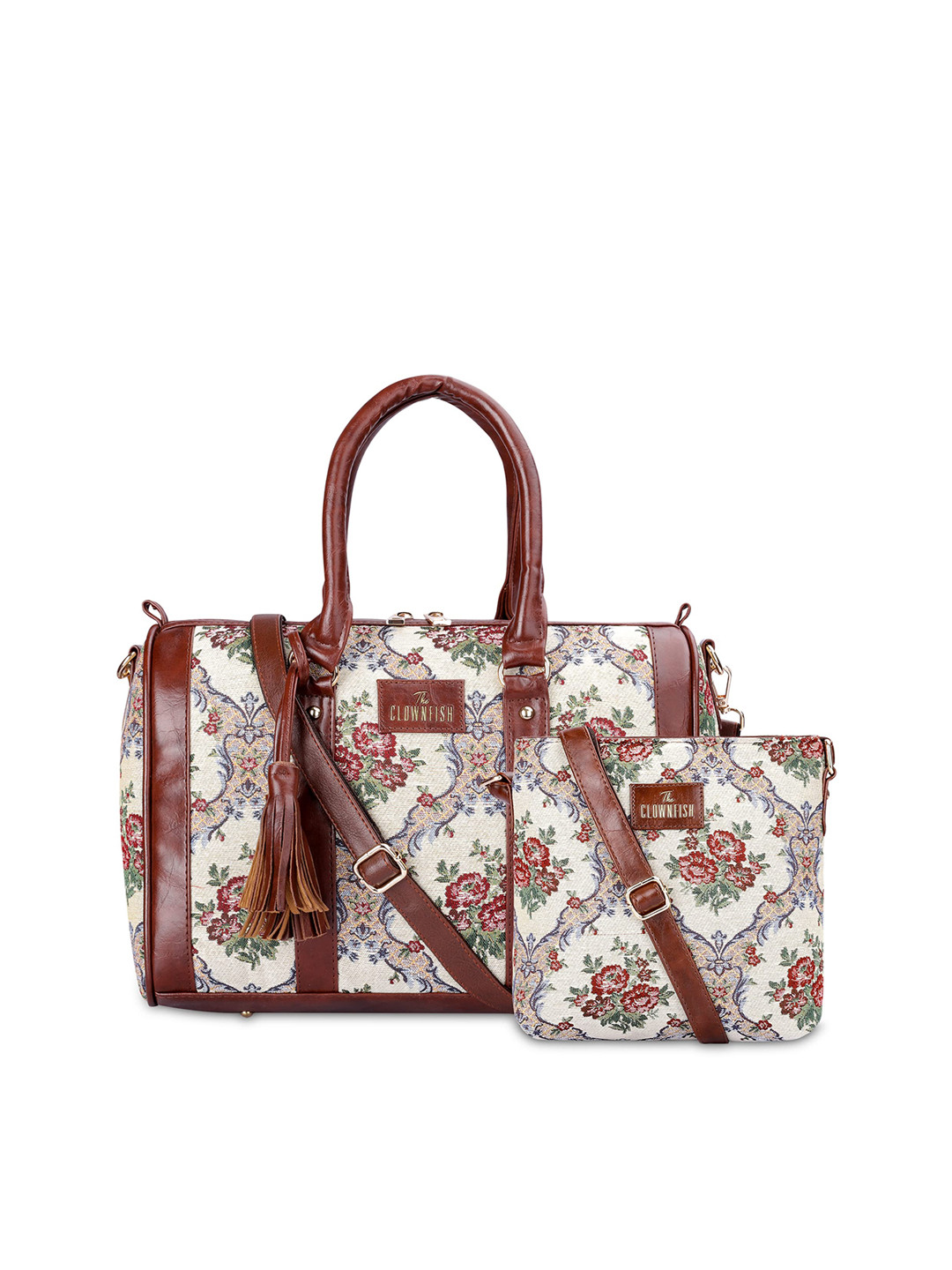 THE CLOWNFISH Linda and Lorna Pack of 2 Floral Printed Leather Handheld Bags with Tassels