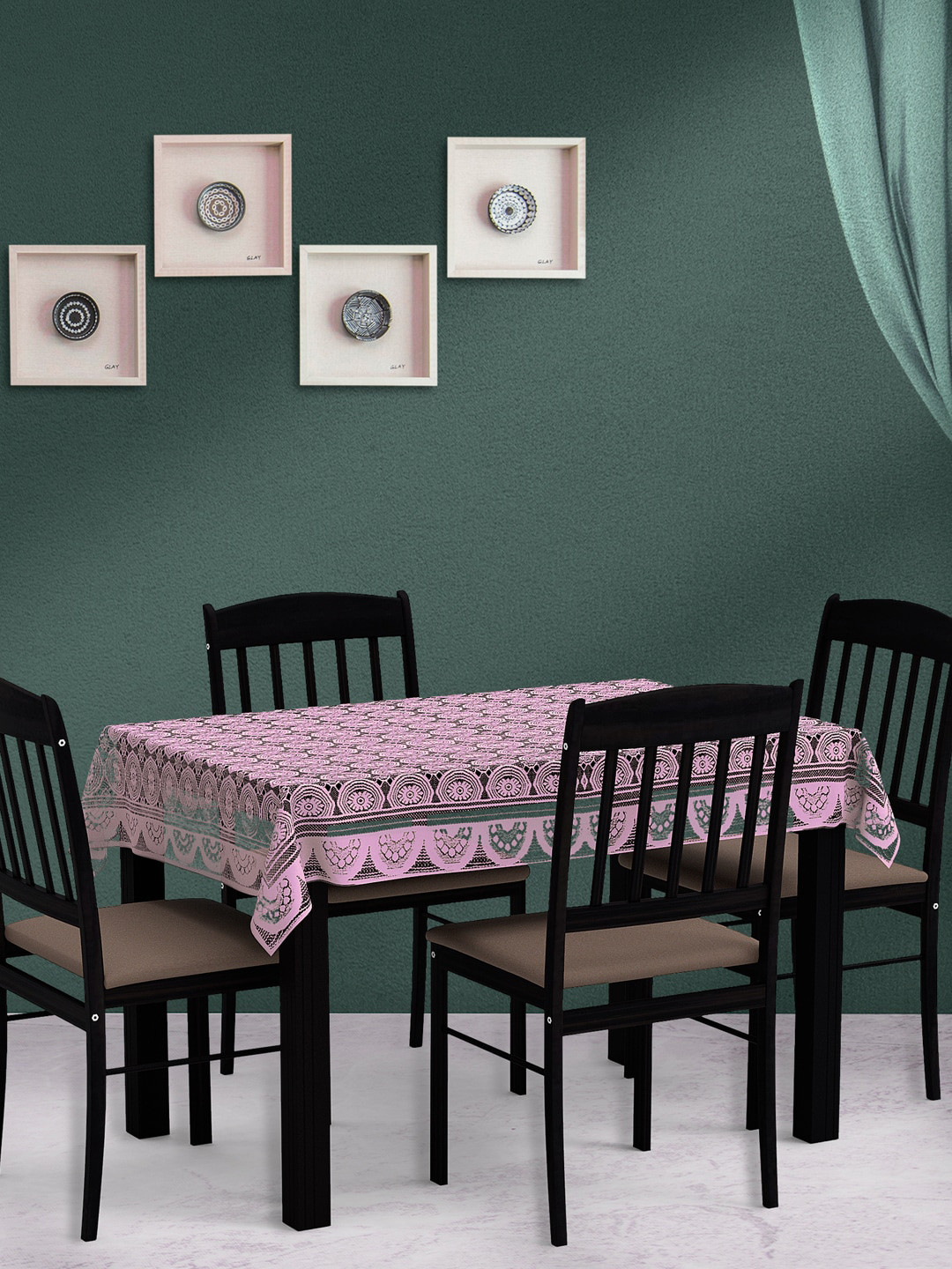 WEAVERS VILLA Pink Self-Designed Cotton 4-Seater Table Cloth