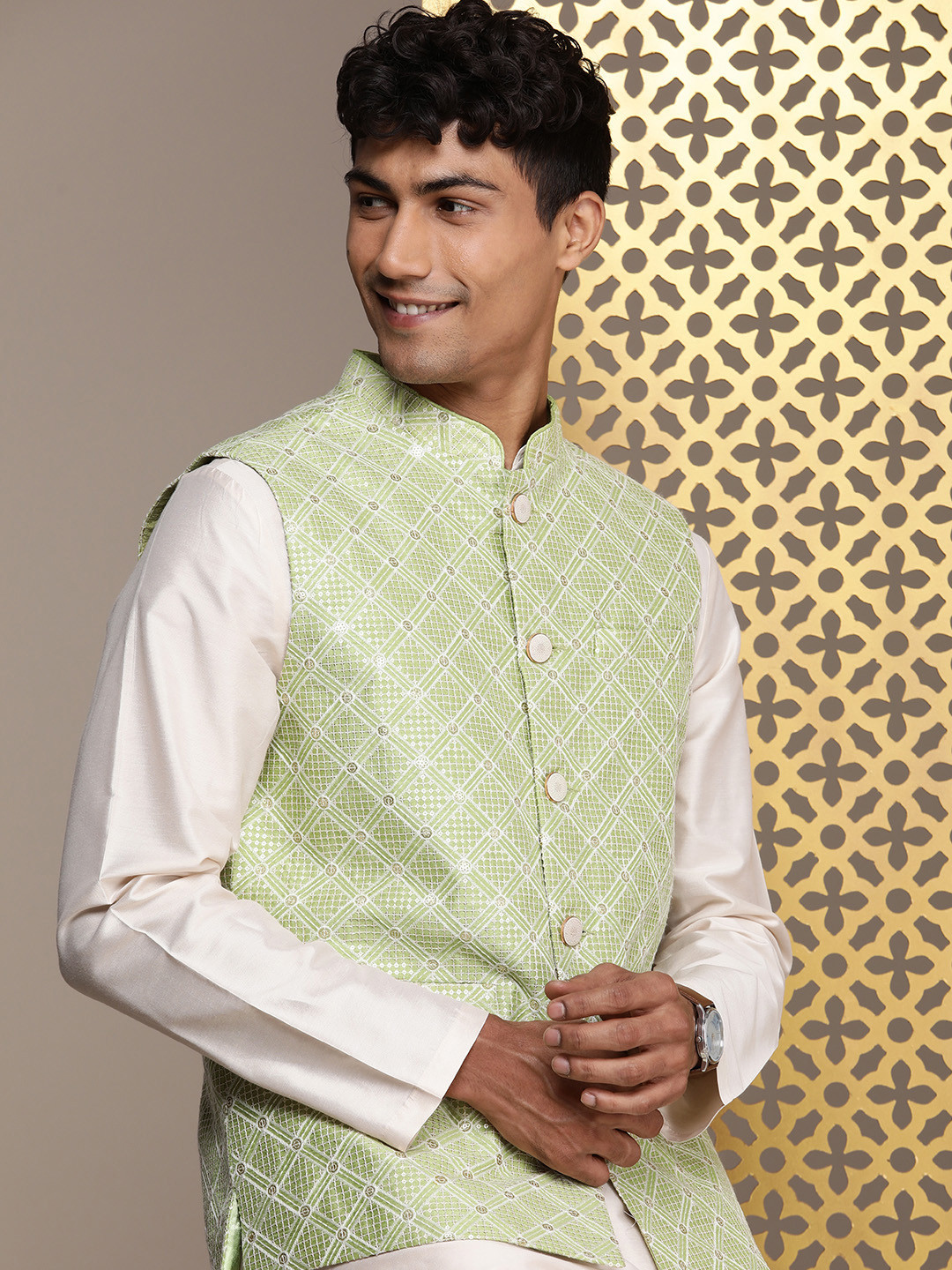 House of Pataudi Embellished Sequinned Thread Work Jashn Nehru Jacket