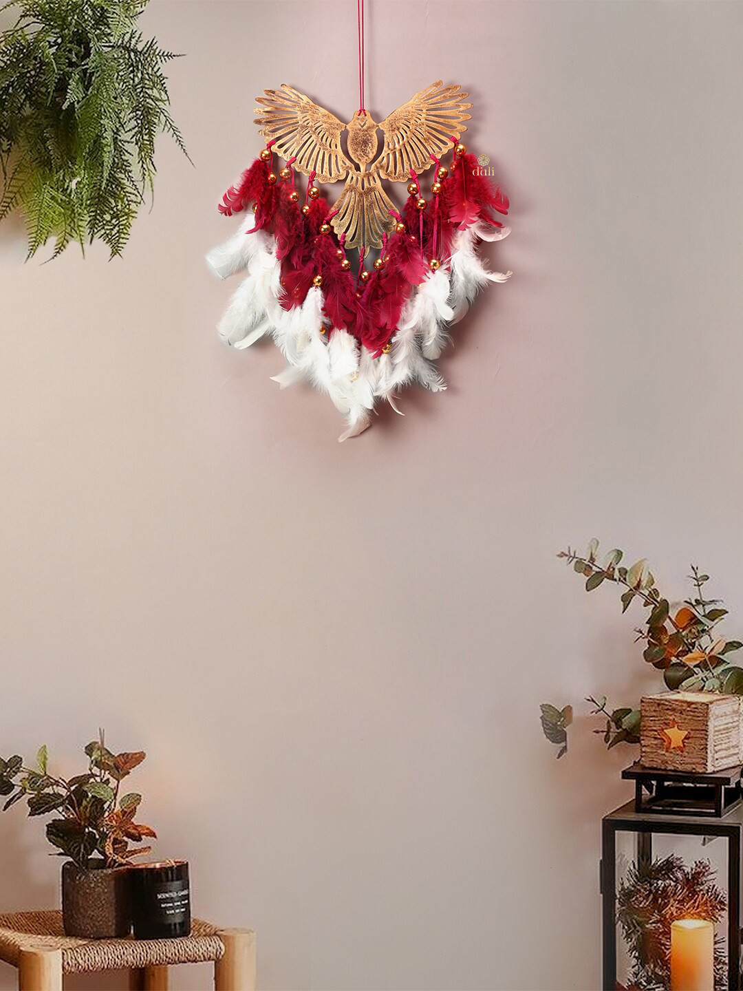 DULI Maroon & White Feathers Dreamcatcher Wall Hanging Windchimes