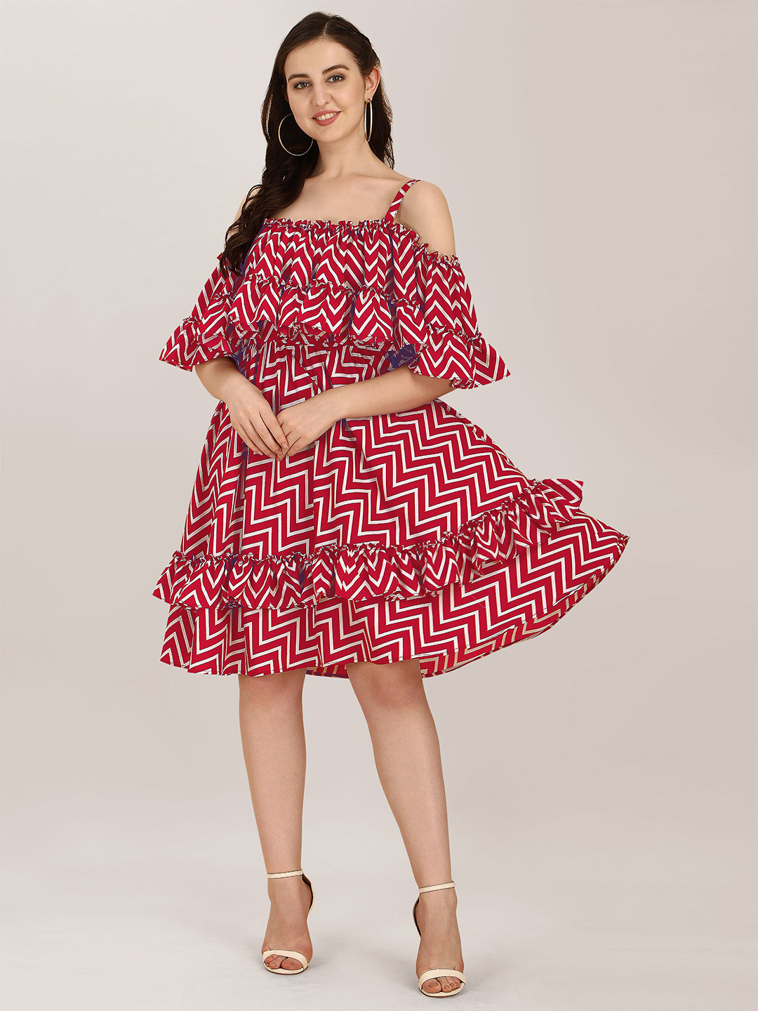 Oomph! Geometric Cold-Shoulder Sleeve Ruffled Dress