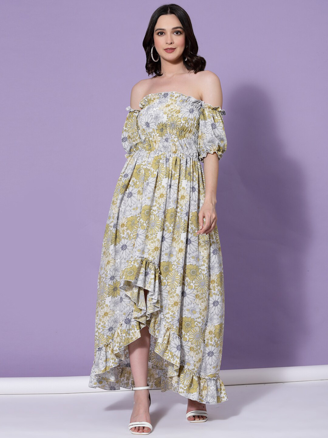 Oomph! Green Floral Off-Shoulder Midi Dress