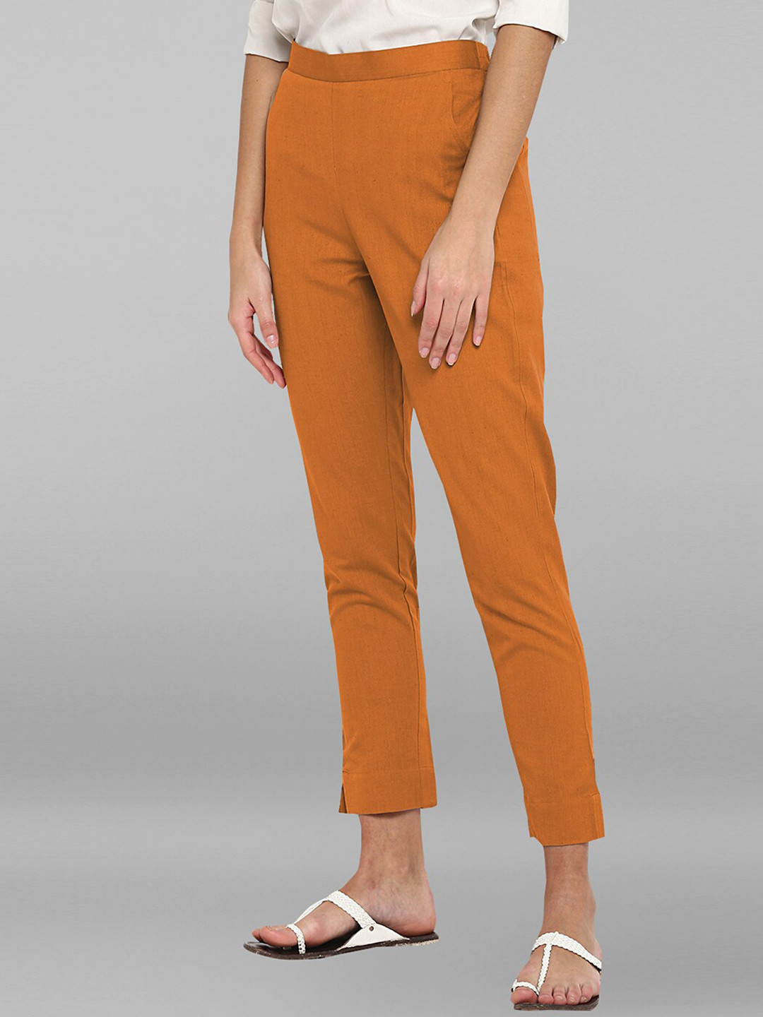 Janasya Women Mustard Formal High-Rise Cotton Trousers