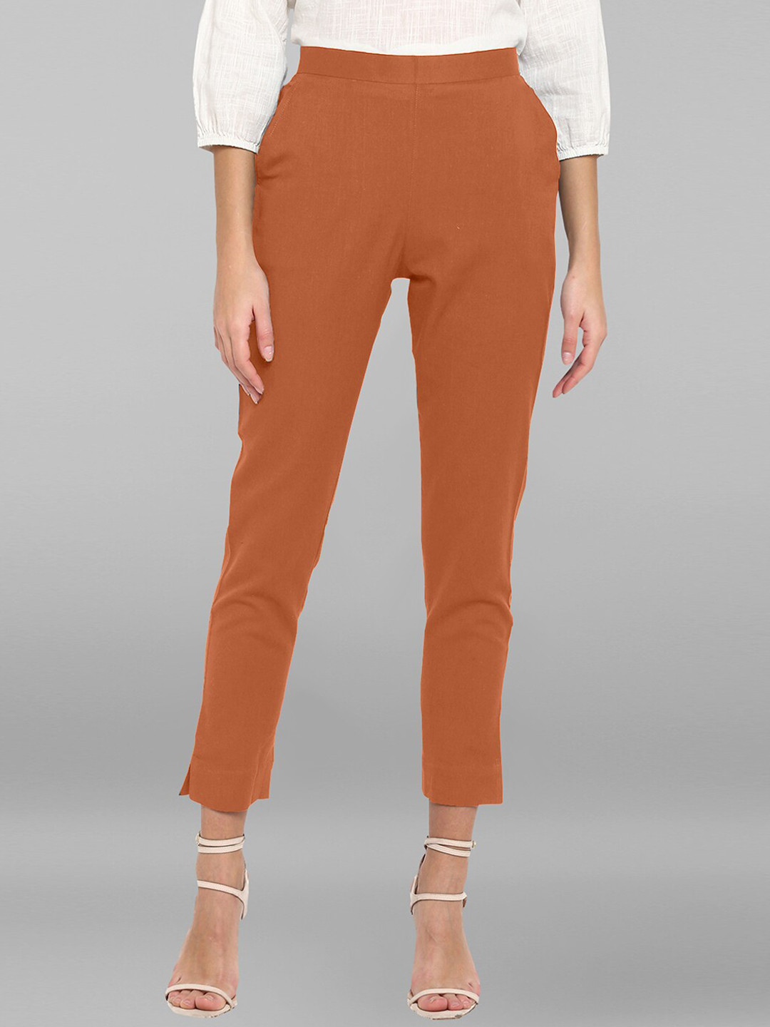 Janasya Women Rust Formal High-Rise Cotton Trousers