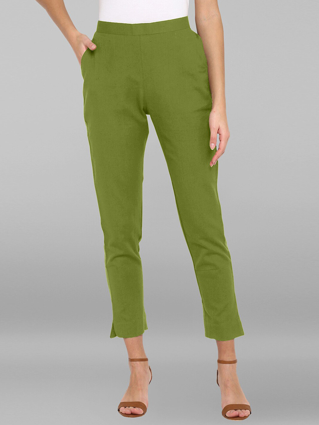 Janasya Women Green Formal High-Rise Cotton Trousers