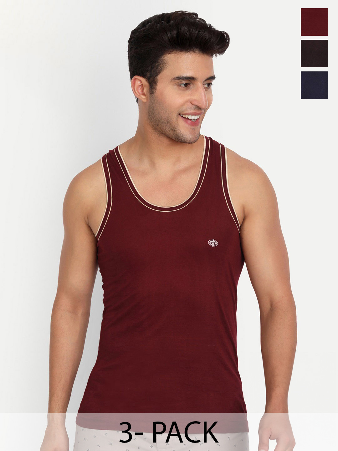 T.T. Titanic Piping Dyed Pure Cotton Pack Of 3 Assorted Basic Vests