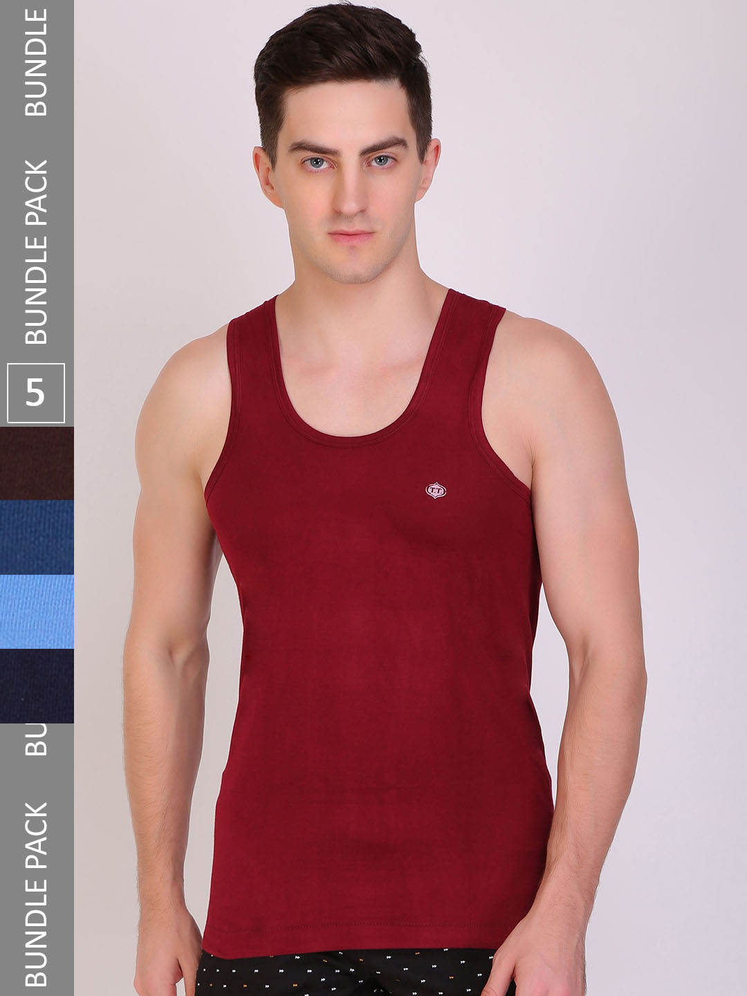 T.T. Men Pack Of 5 Titanic Pure Cotton Assorted Innerwear Vests- TIT_DYED_RN_PO5_MIX_105