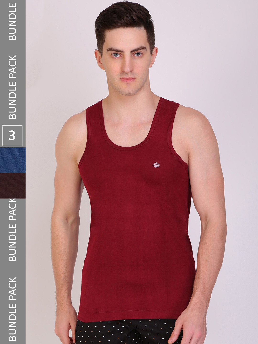 T.T. Men Pack Of 3 Titanic Pure Cotton Assorted Innerwear Vests- TIT_DYED_RN_PO3_BTM_80