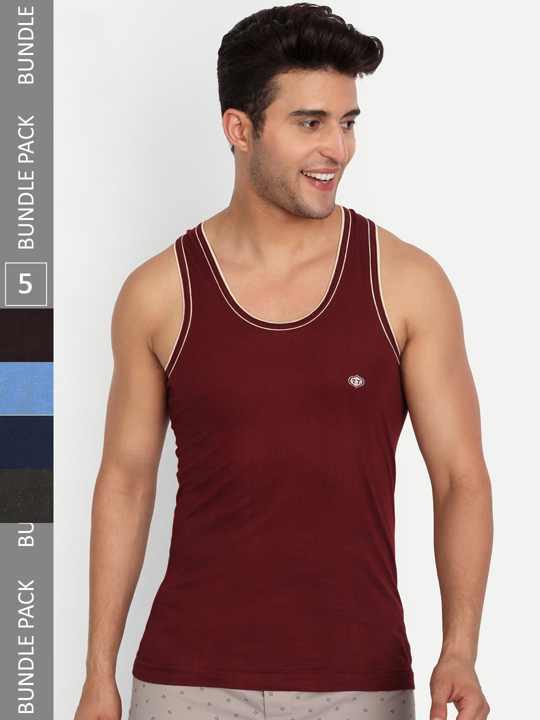 T.T. Men Pack Of 5 Titanic Pure Cotton Piping Regular Solid Dyed Assorted Undershirt Vests