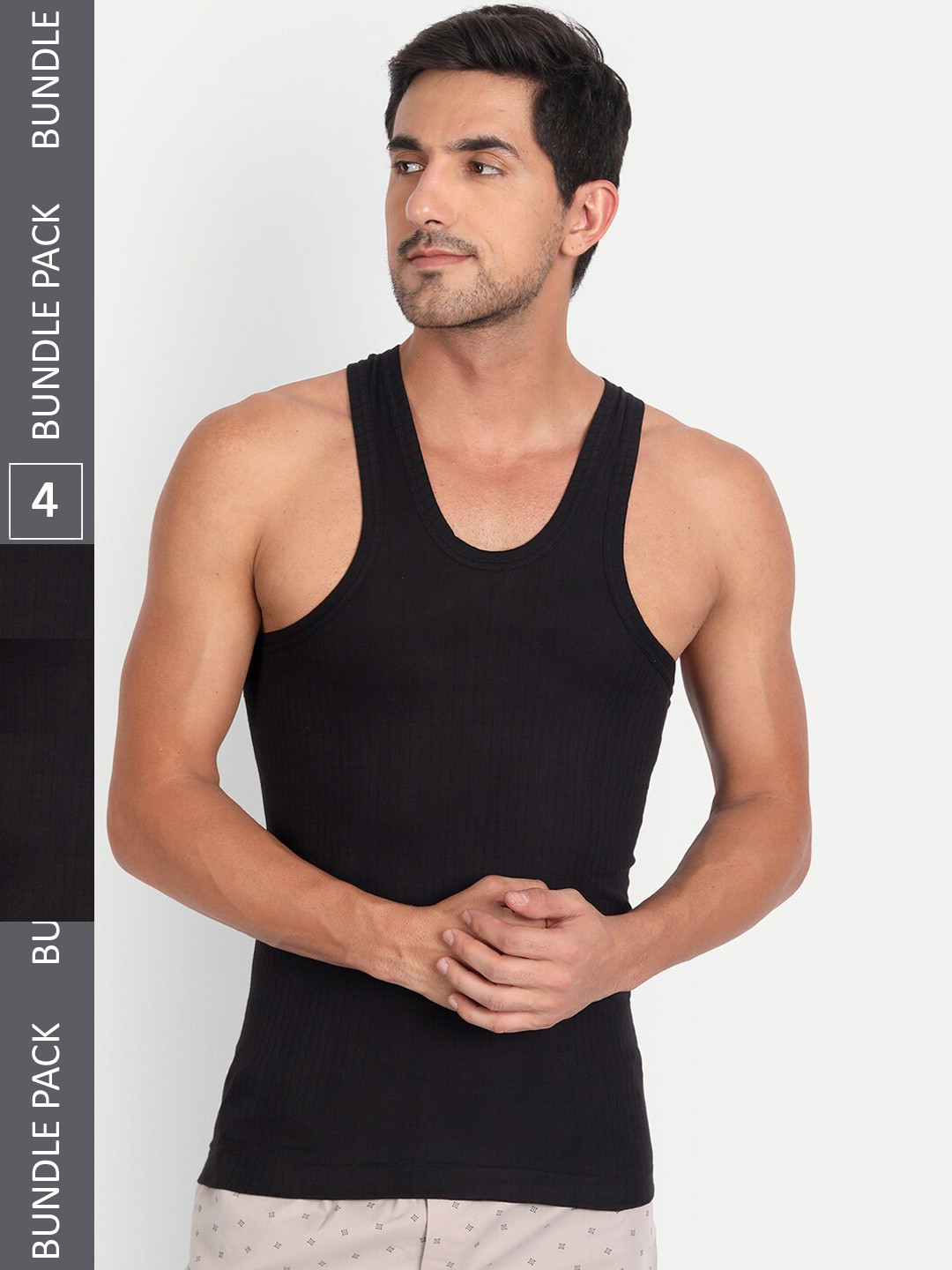 T.T. Pack Of 4 Desire Parker Ribbed Cotton Sleeveless Undershirts- DS_PARKR_RN_PO4_BLK_80