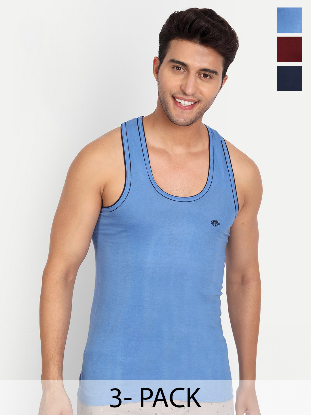 T.T Titanic Piping Dyed Pure Cotton Pack Of 3 Assorted Sleeveless Basic Vests