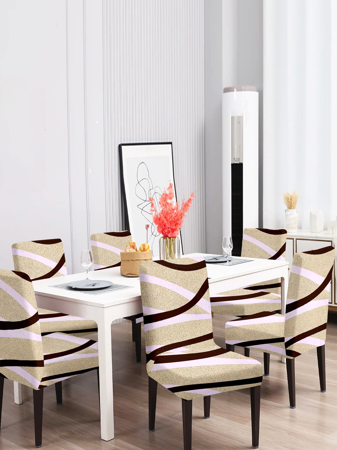 Cortina Beige & Brown 6-Pieces Abstract Printed Super Stretchy Dining Chair Covers