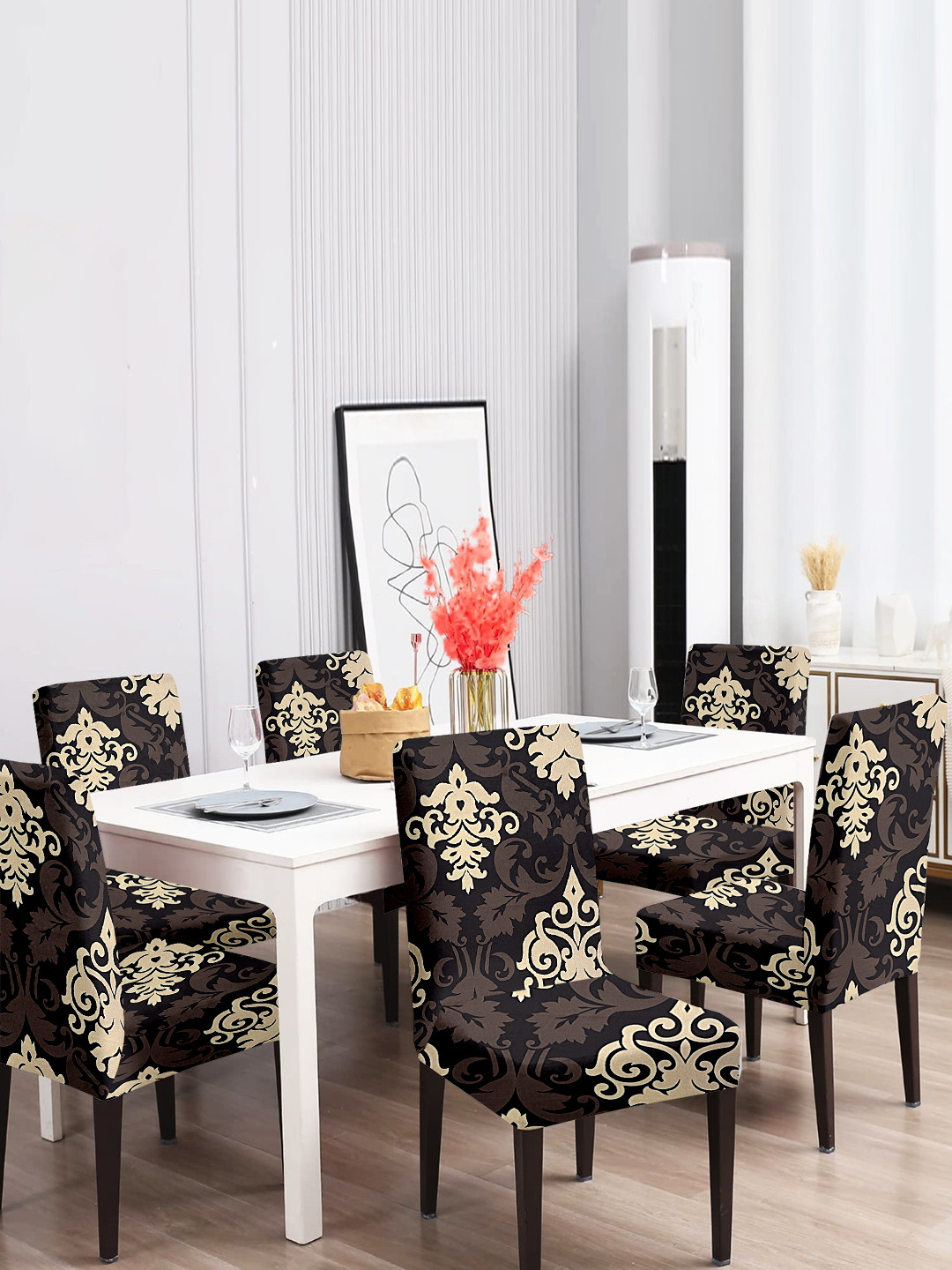 Cortina Black & Beige 6 Pieces Ethnic Motif Printed Super Stretchable Dining Chair Covers