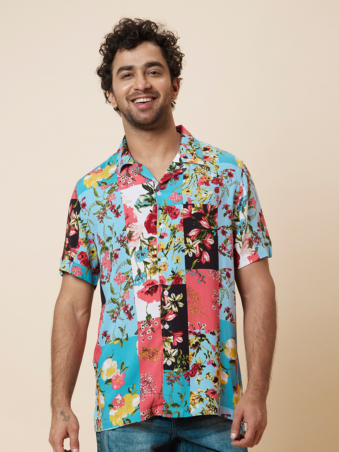 Globus Men Cuban Collar Patch Printed Casual Shirt