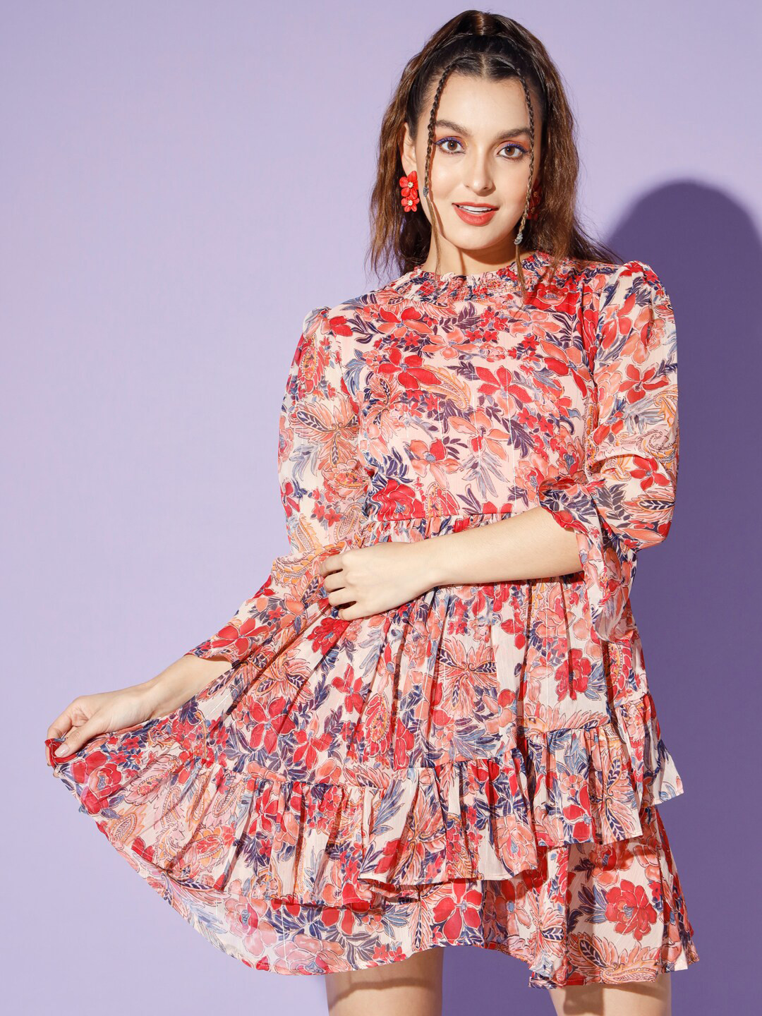 WoowZerz Floral Printed Bell Sleeve Ruffled Chiffon Layered Fit & Flare Dress