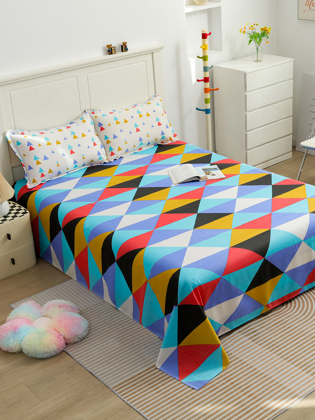 Story@home Blue Geometric Cotton 144 TC Queen Bedsheet with 2 Pillow Covers-250 x 225 cm