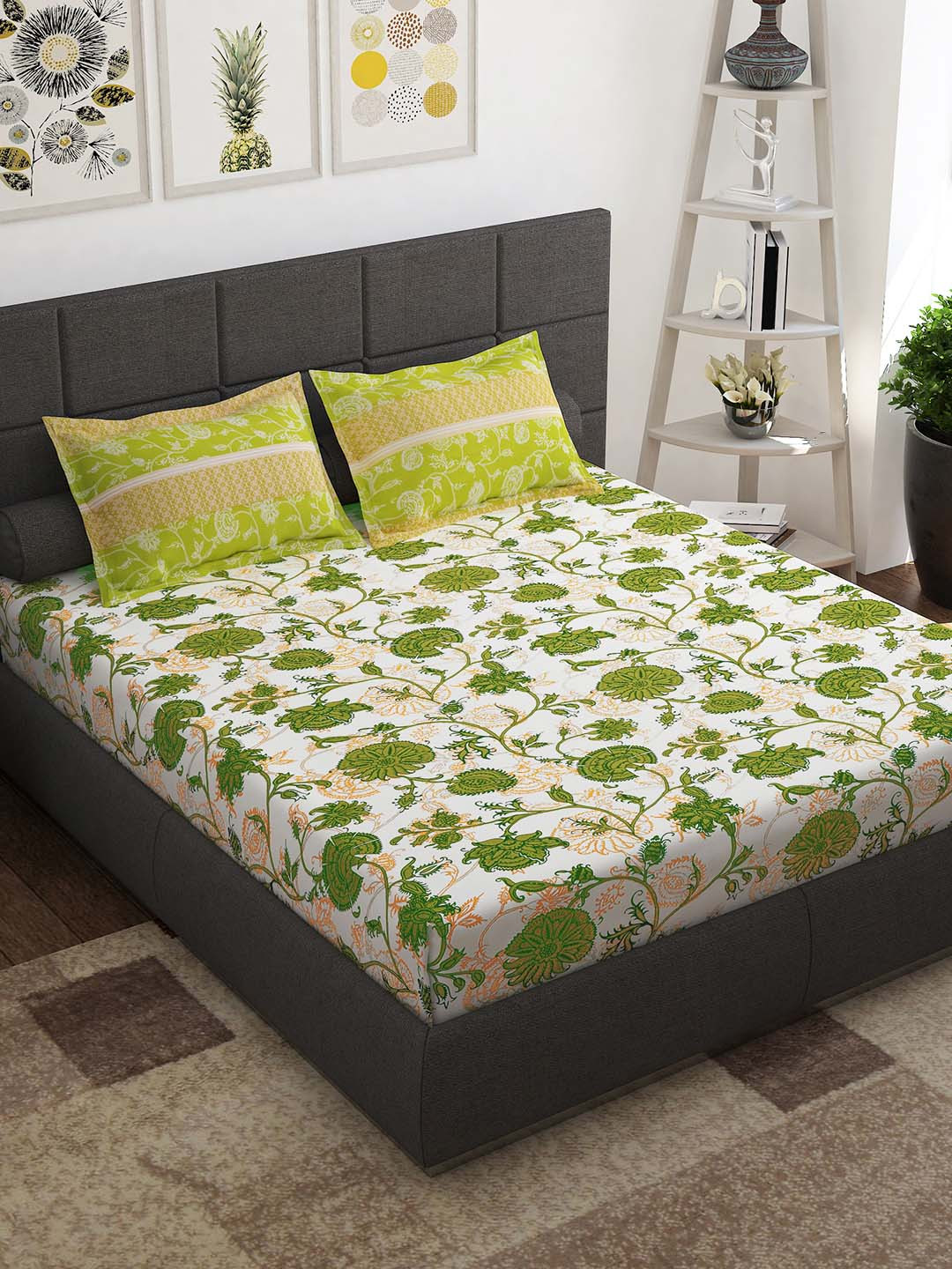 Story@home Regal Green Floral Cotton 210 TC Queen Bedsheet with 2 Pillow Covers-250 x 225 cm