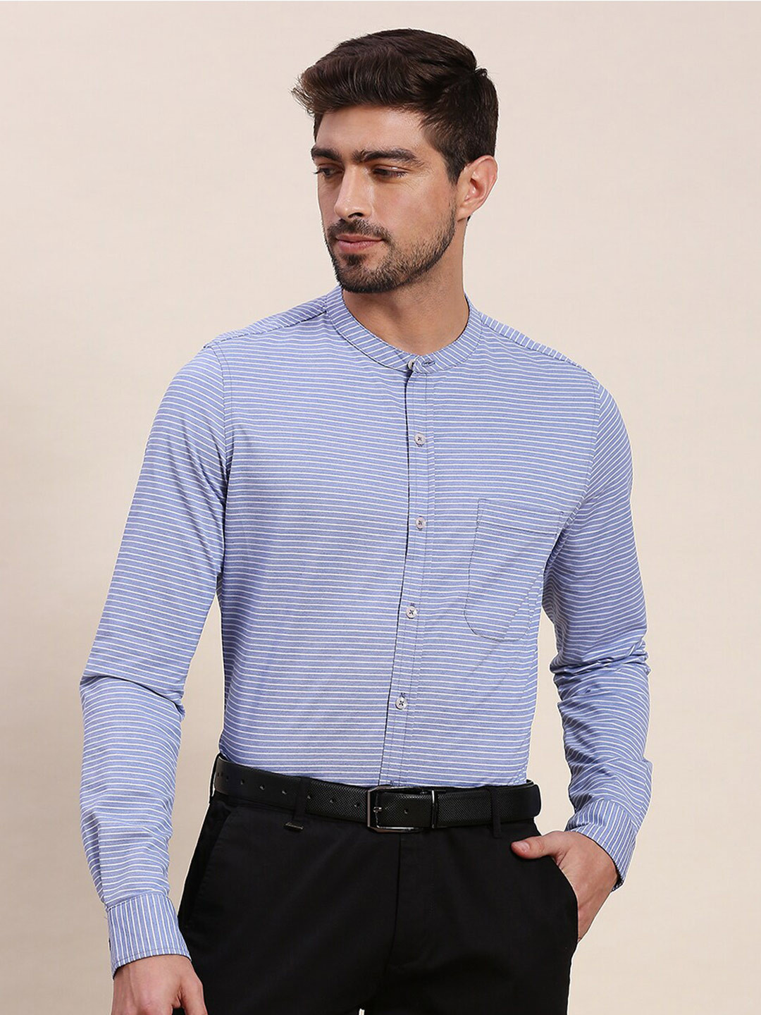 INVICTUS Horizontal Striped Band Collar Original Slim Fit Knit Formal Shirt