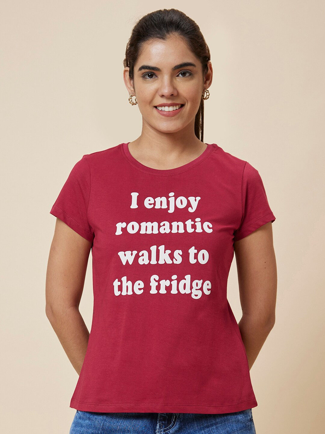 Globus Women Maroon Casual Typography Printed Pure Cotton Round Neck Regular Fit T-shirt