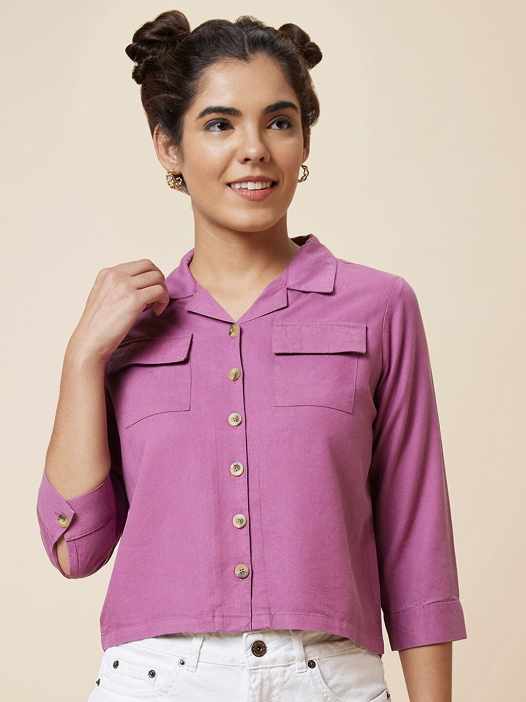 Globus Purple Crop Three-Quarter Sleeves Shirt Style Top