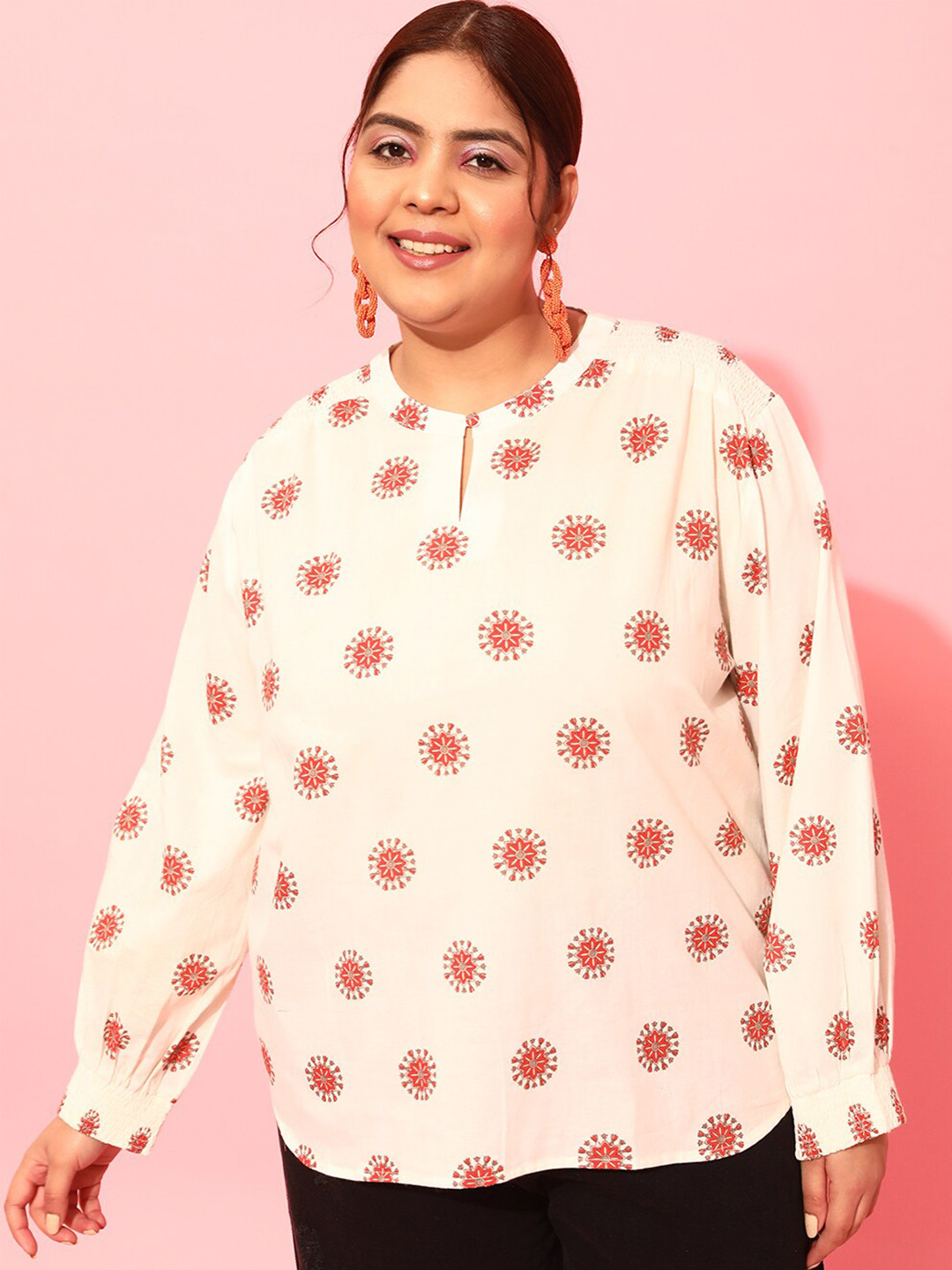 CURVY STREET Plus Size Floral Printed Smocked Shirt Style Top