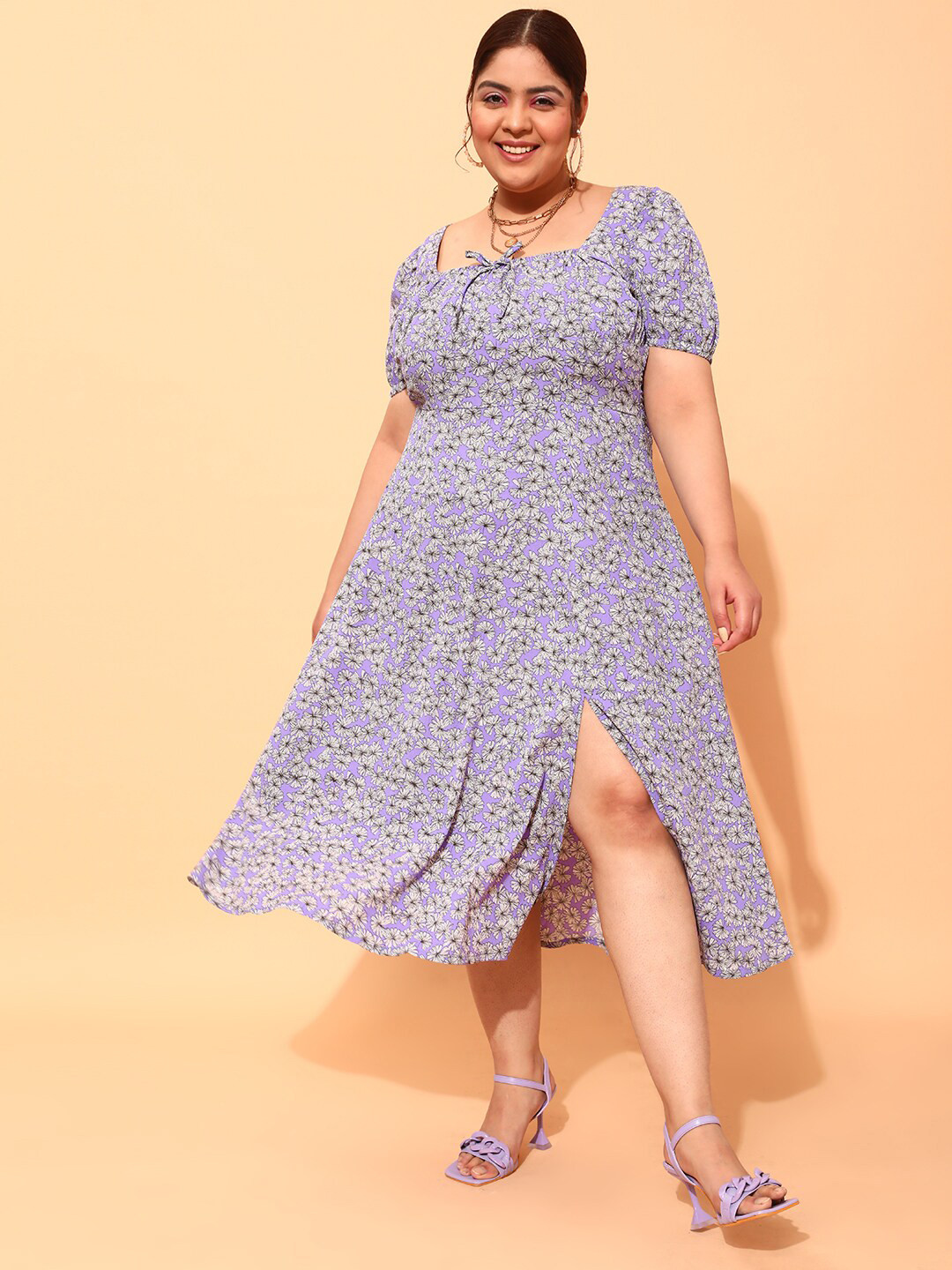 CURVY STREET Plus Size Lavender & White Floral Printed Square Neck A-Line Dress