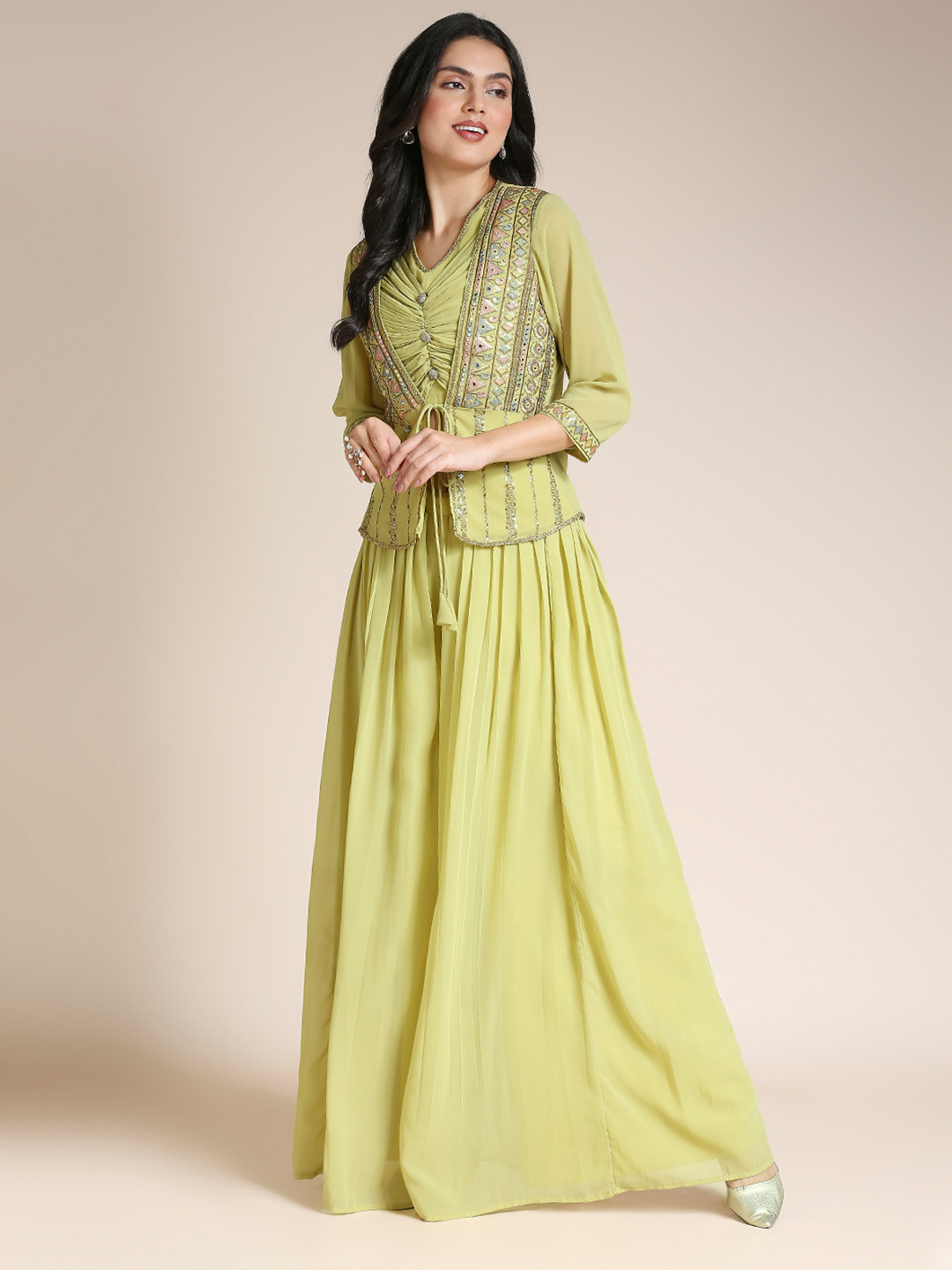 MADHURAM Pleated Georgette Top with Palazzos & Jacket